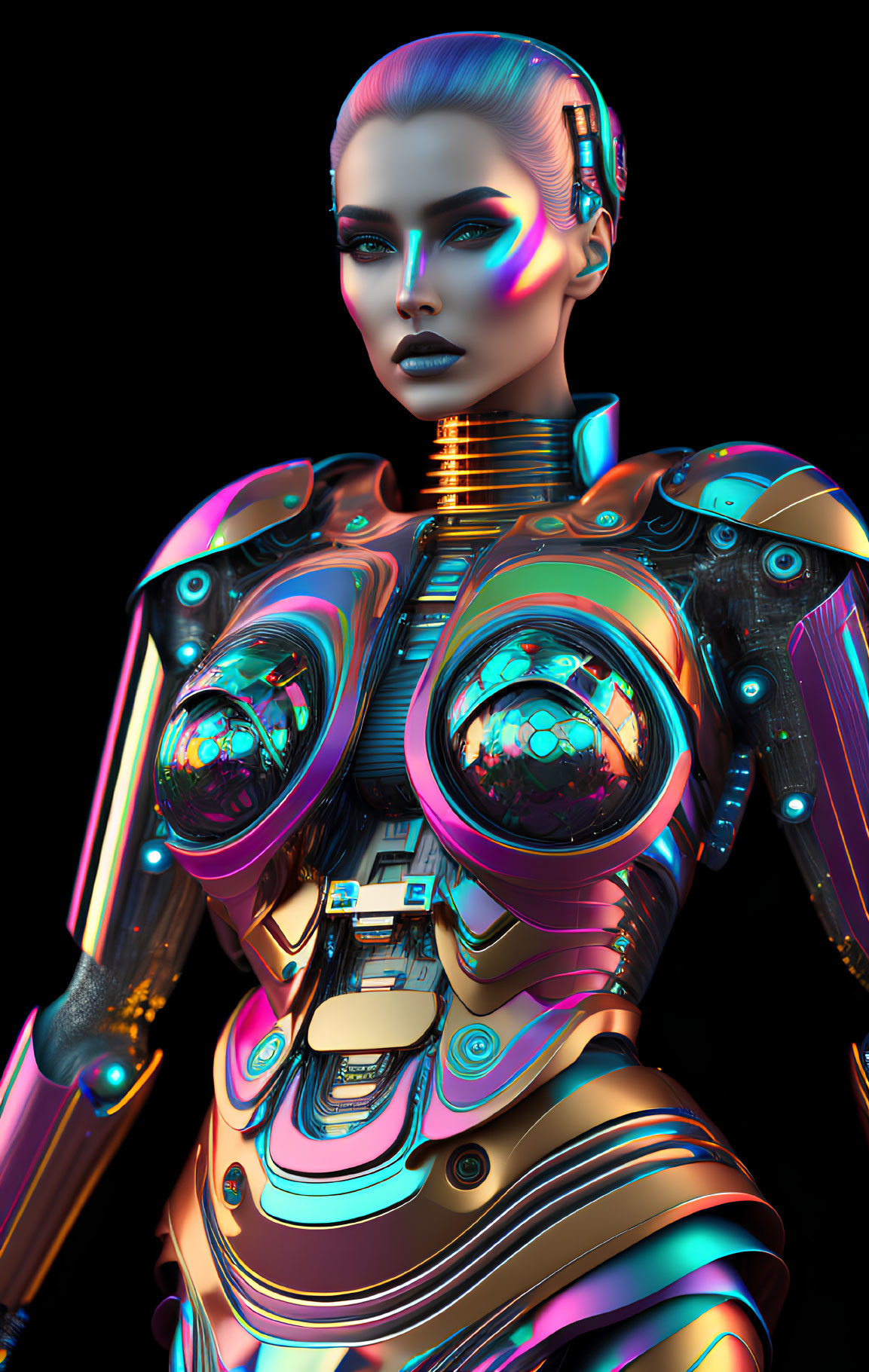 Detailed Cybernetic Suit on Female Robot with Iridescent Lighting