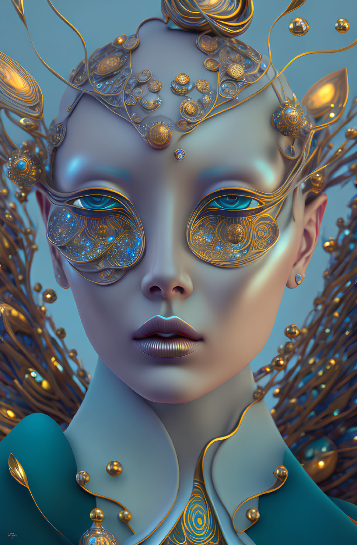 Intricate surreal portrait with golden headpiece and eyewear on blue backdrop
