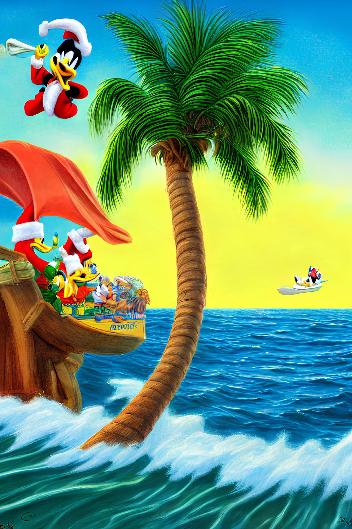 Colorful Cartoon Characters at Beach with Tree, Surfing, Boat, Shipwreck