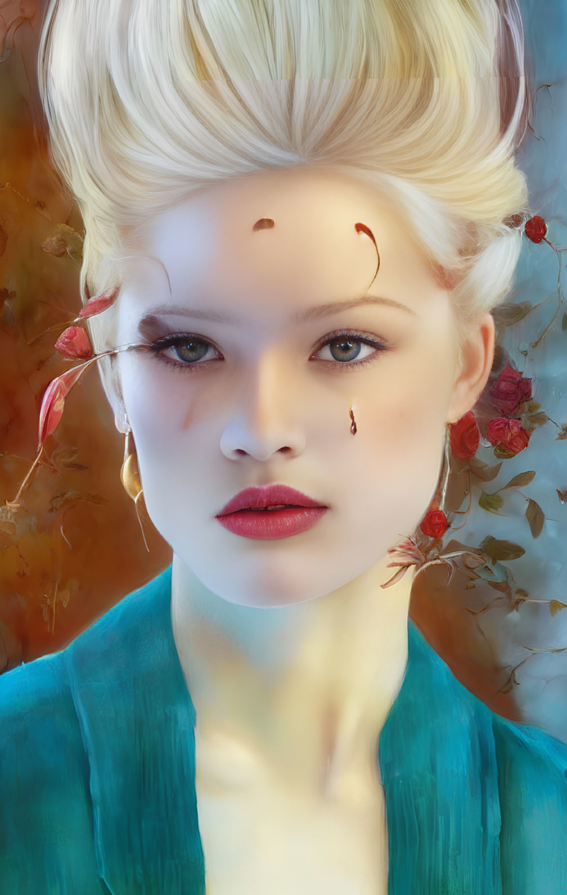 Digital artwork: Woman with elegant updo, golden leaves, teardrop earring, cyan outfit