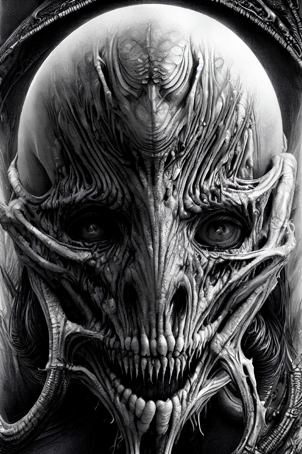 Monochrome humanoid creature with skull-like features and intense eyes