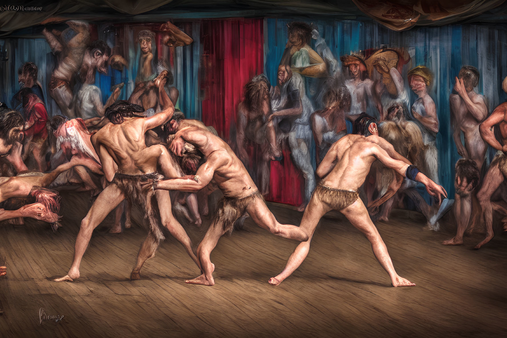 Surreal painting of muscular humans in chaotic dance with horseback figures