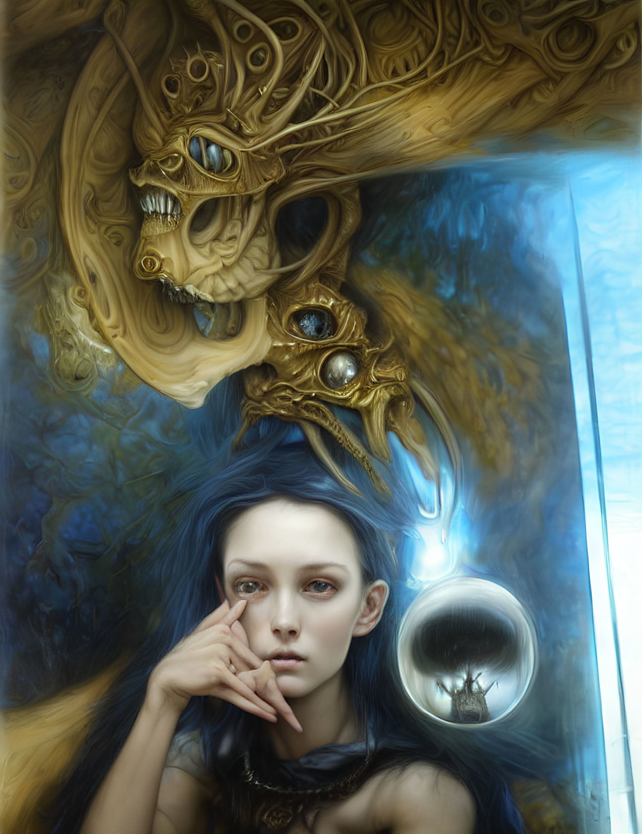 Blue-haired woman with golden patterns and mystical creature in contemplative pose