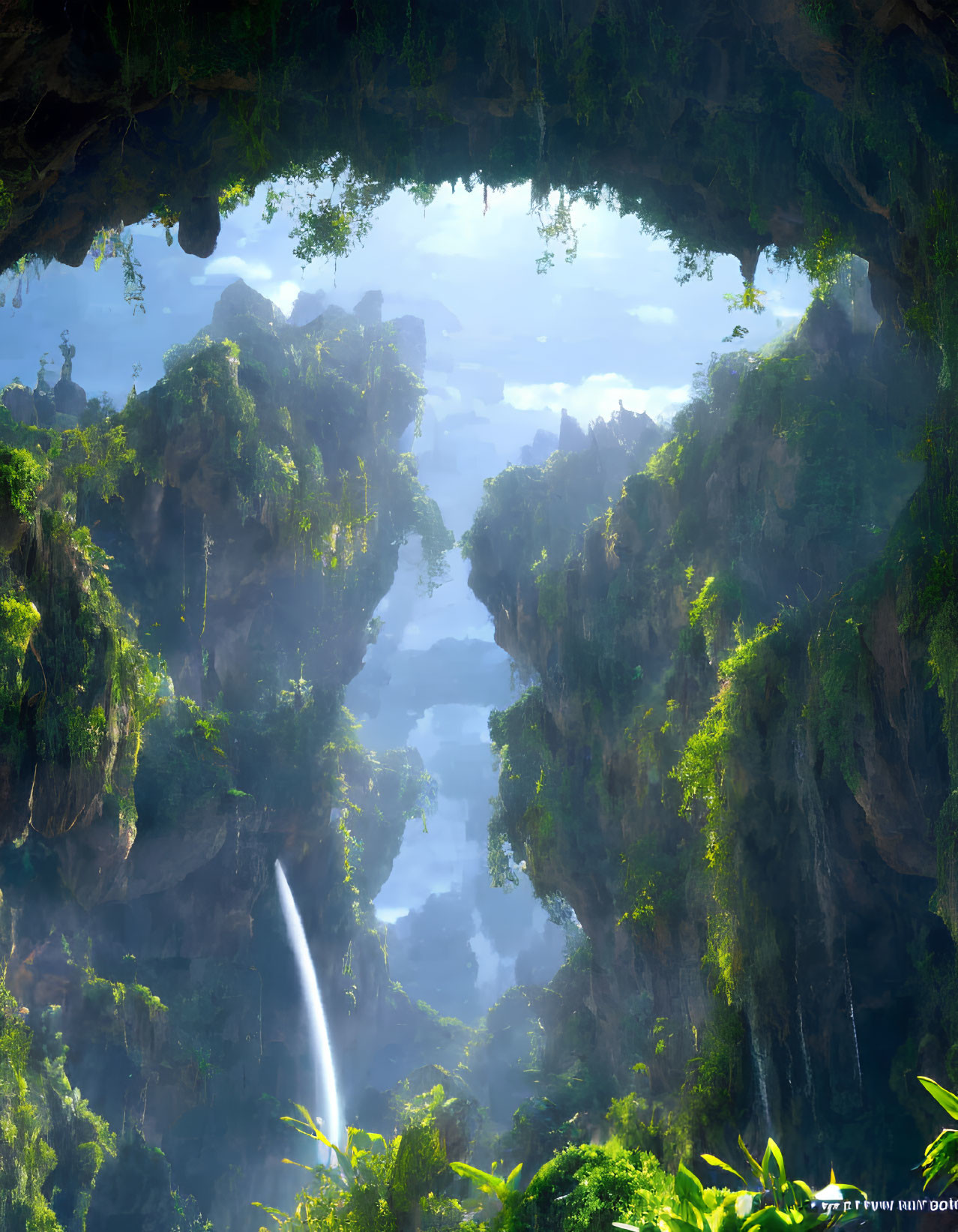 Verdant gorge with waterfalls and misty cliffs in serene landscape