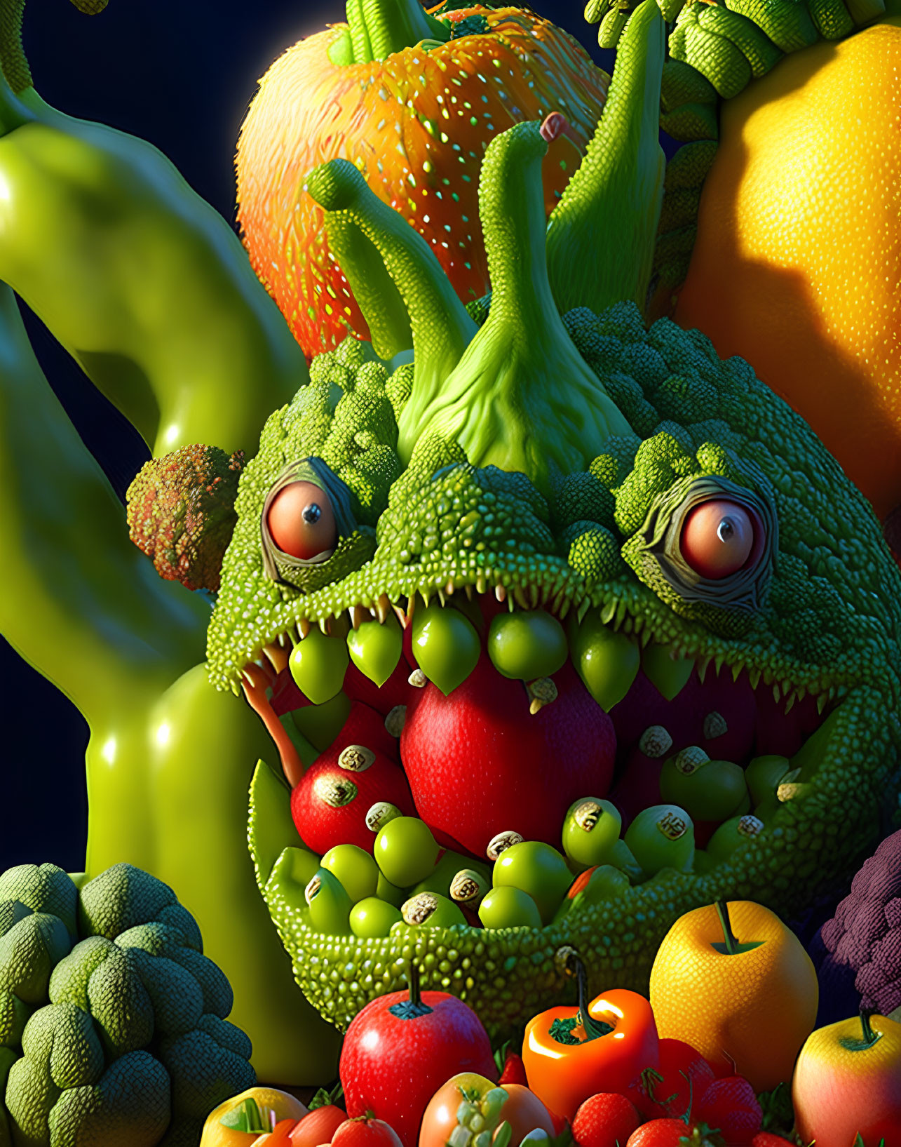 Whimsical creature made of fruits and vegetables in colorful artwork