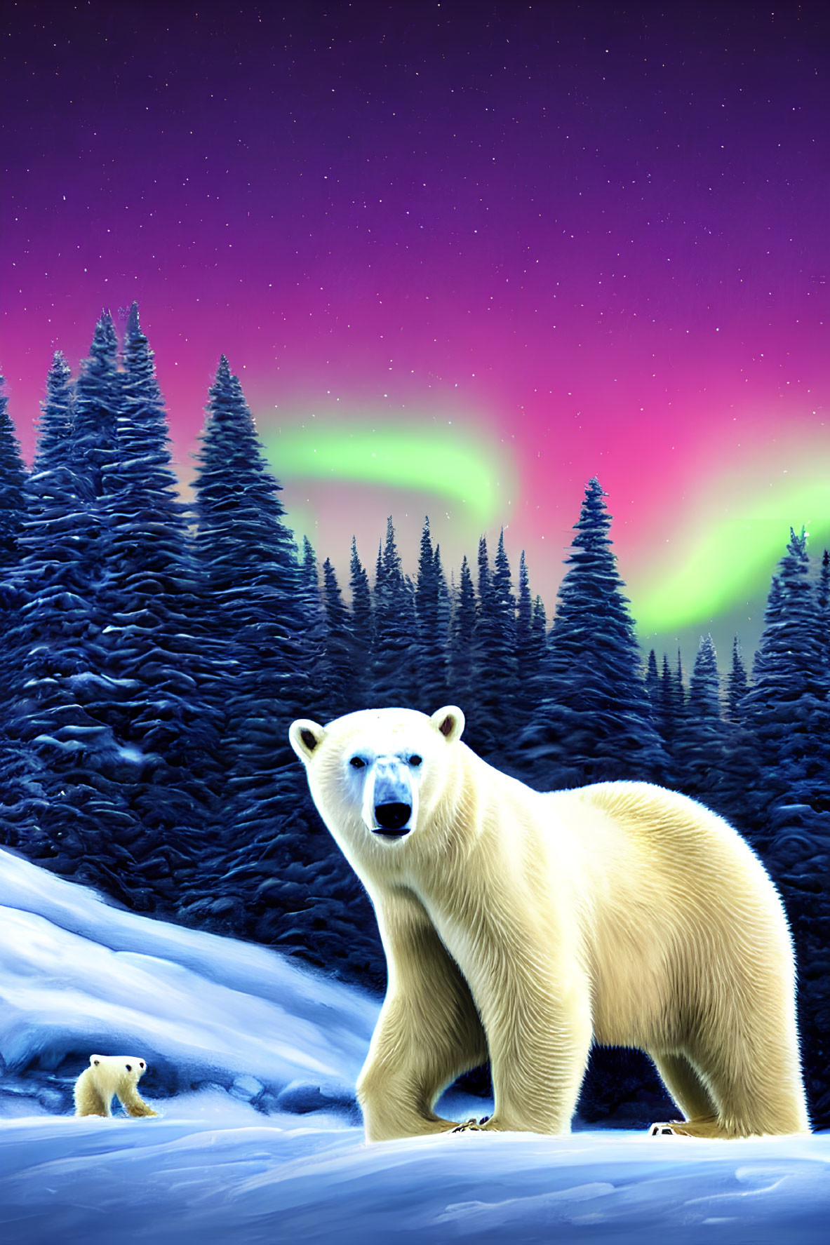 Polar Bear and Cub in Snowy Forest under Northern Lights