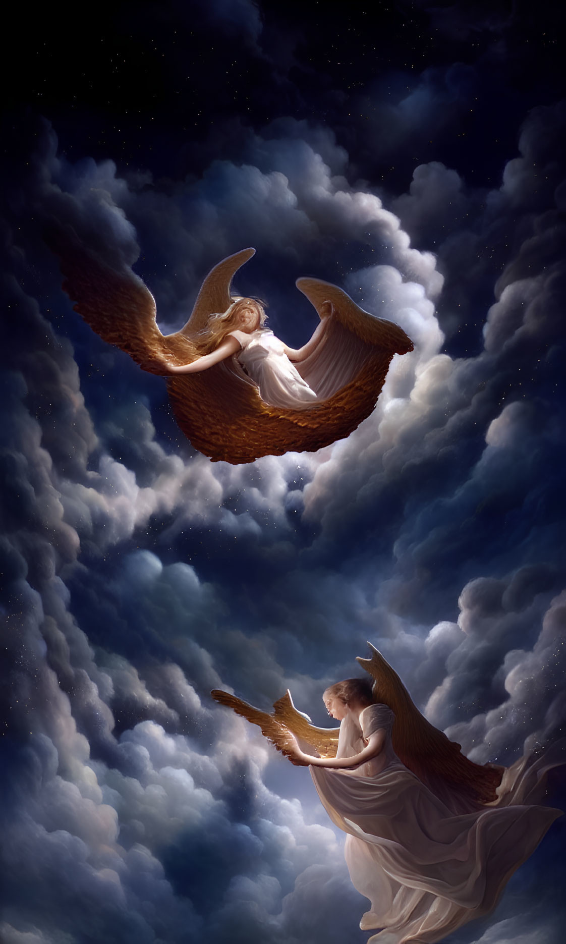 Angels in starry sky with outstretched wings and clouds