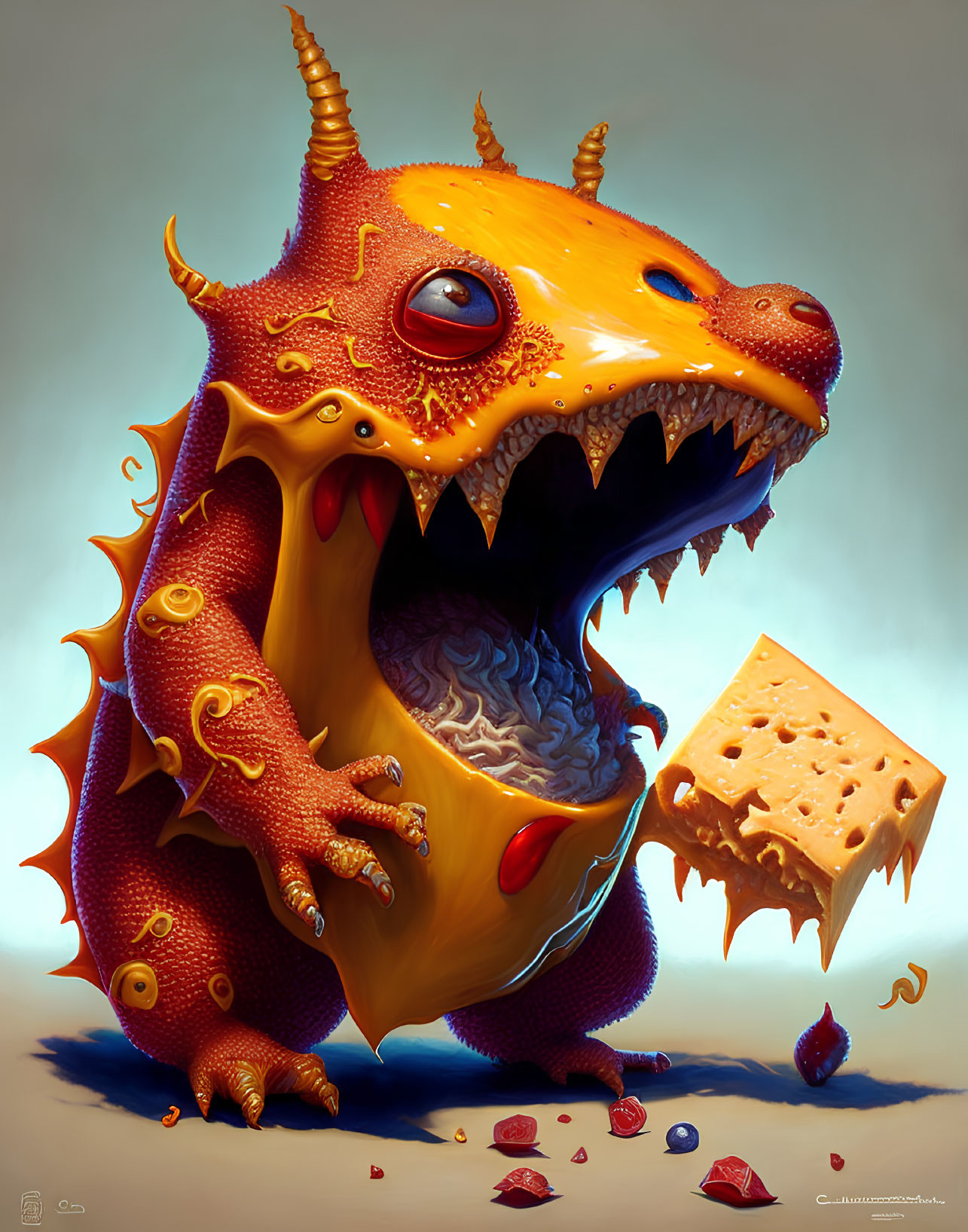 Whimsical orange monster with horns and cheese cube illustration