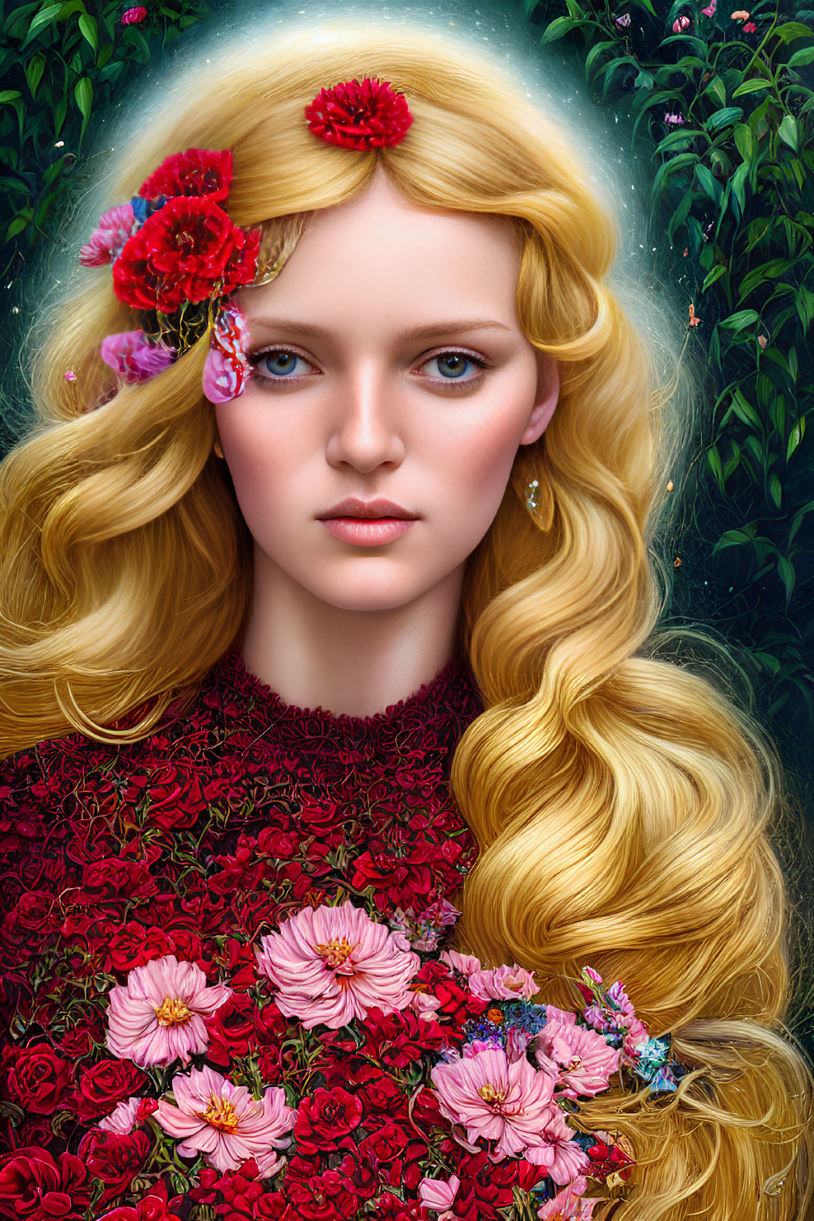 Portrait of woman with blonde hair, blue eyes, red and pink flowers on green foliage.