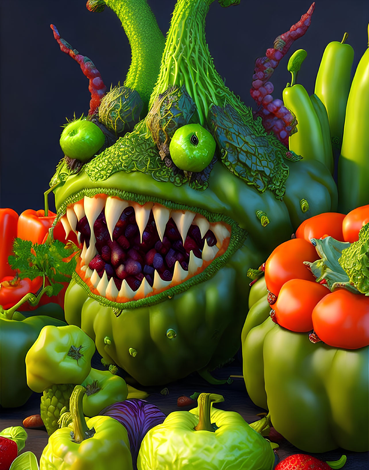 Whimsical digital artwork of vegetable monster with wide mouth