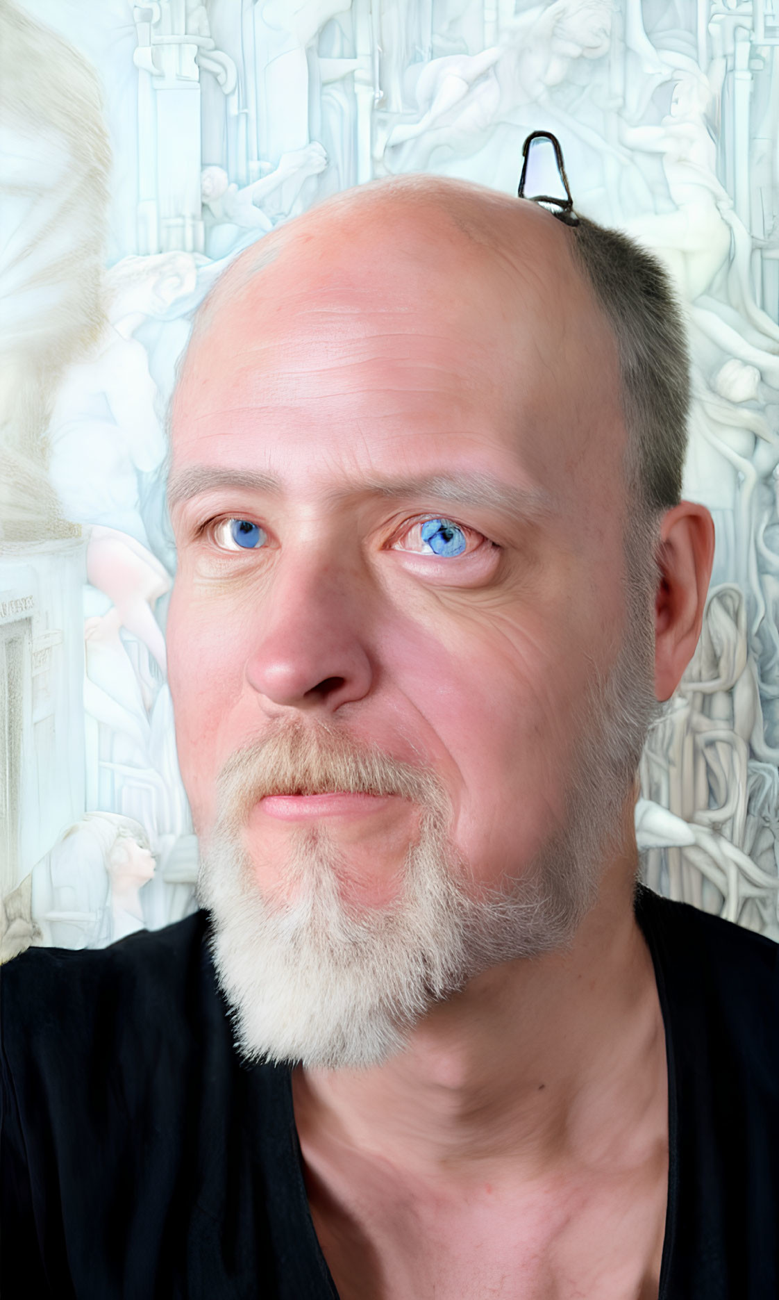 Bald Man with Beard and Blue Eyes in Black Shirt on White Background