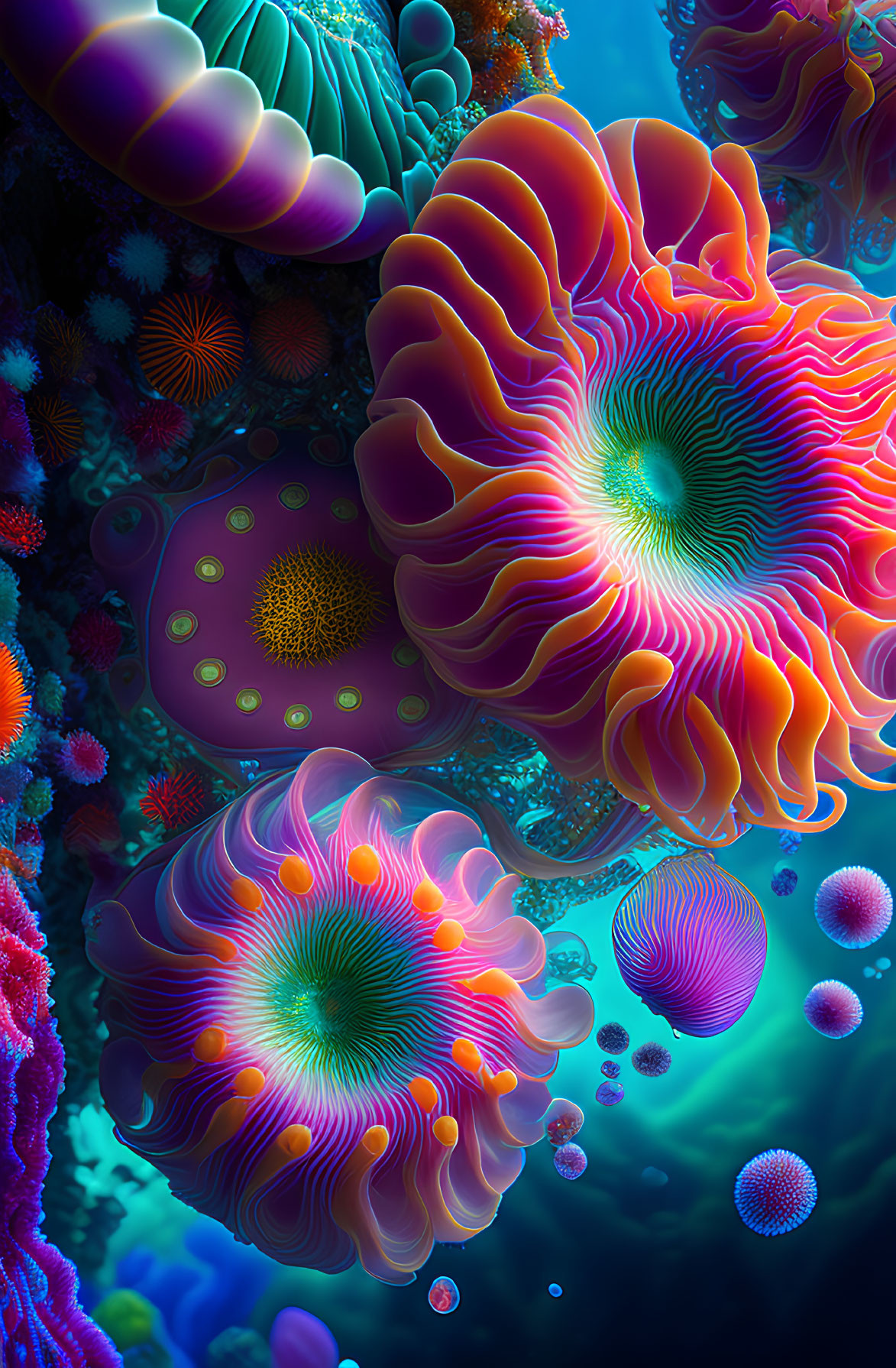 Colorful Underwater Digital Art with Jellyfish and Coral Structures