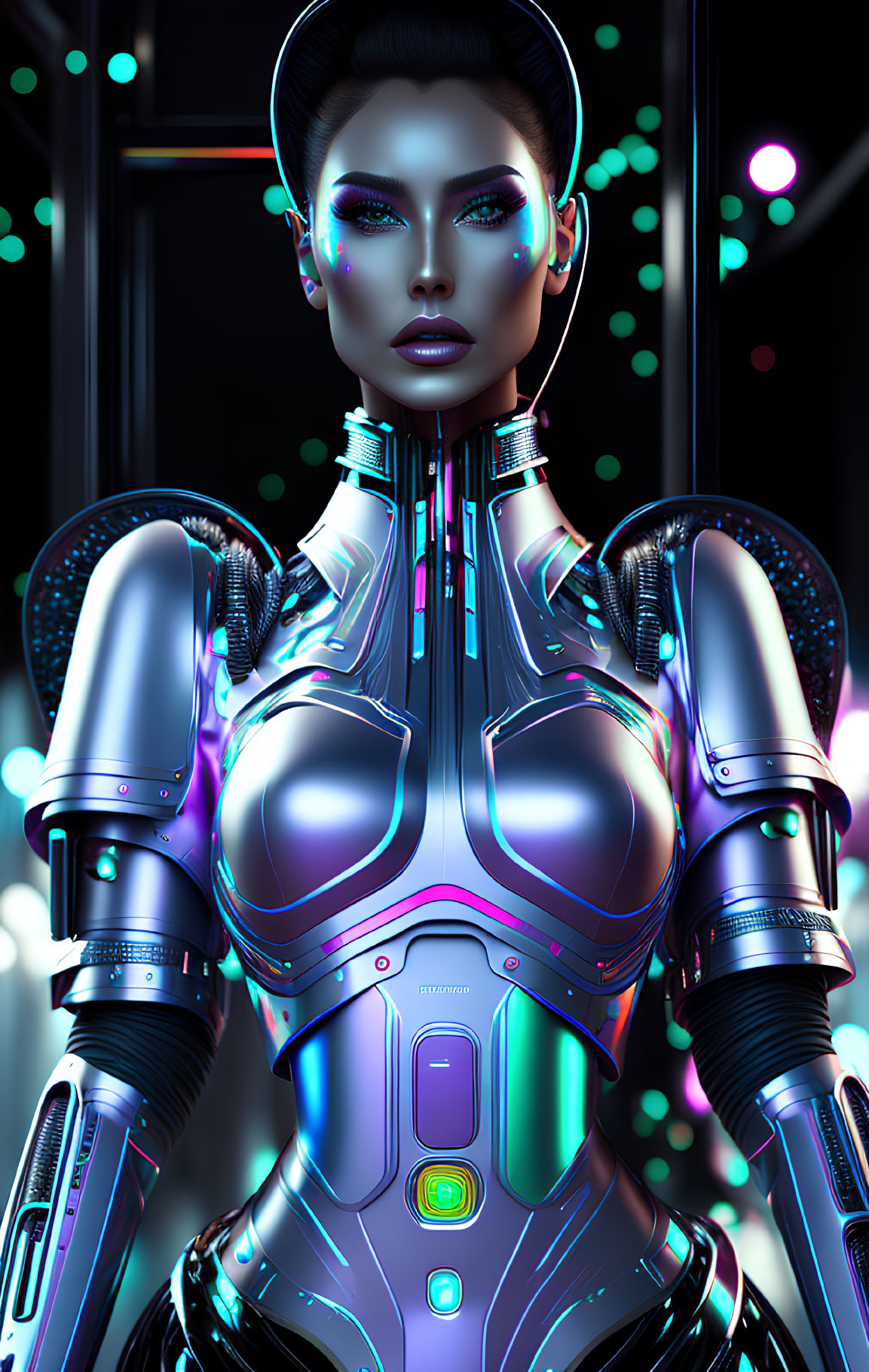 Reflective metallic female android with neon lights and cybernetic features in dark setting
