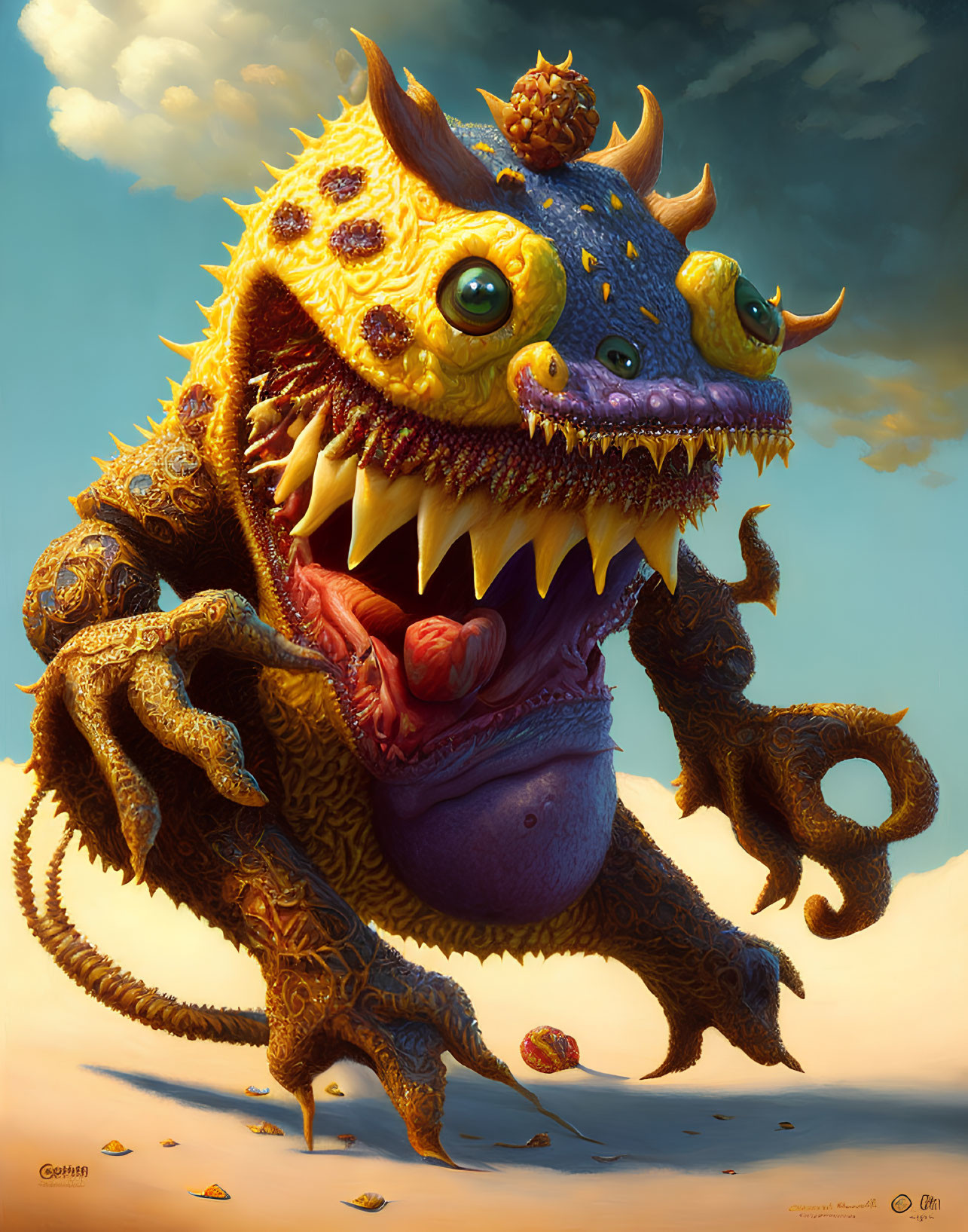Colorful fantasy monster with multiple eyes and sharp teeth on textured skin
