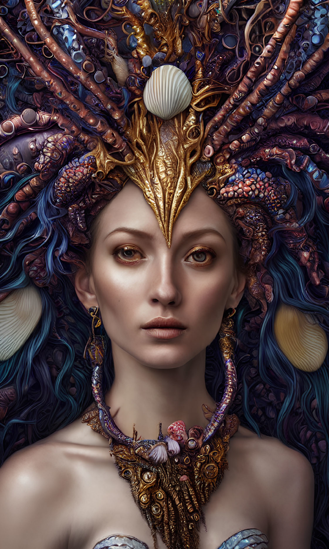Oceanic-Themed Woman with Tentacle Headwear and Seashell Necklace