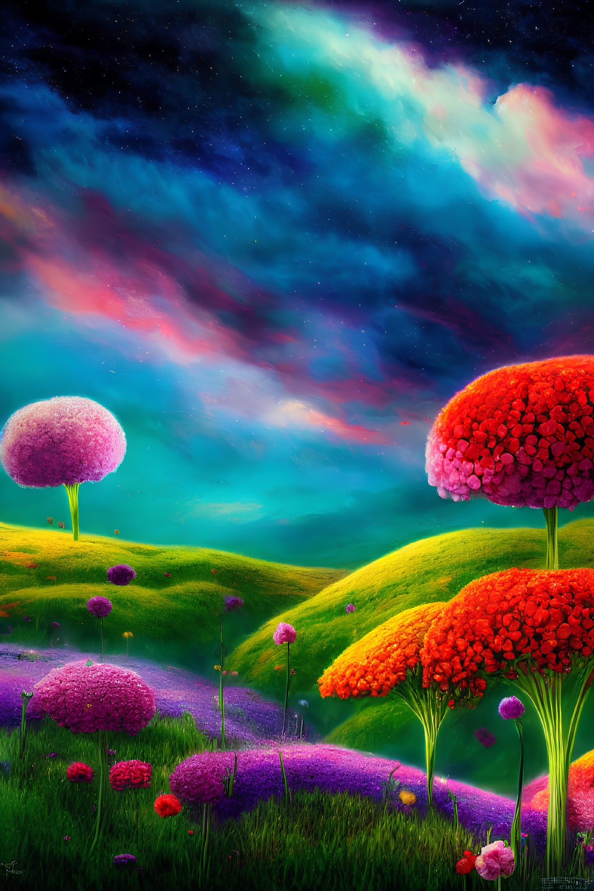 Colorful Landscape with Green Hills, Flower Trees, Starry Sky, and Purple River