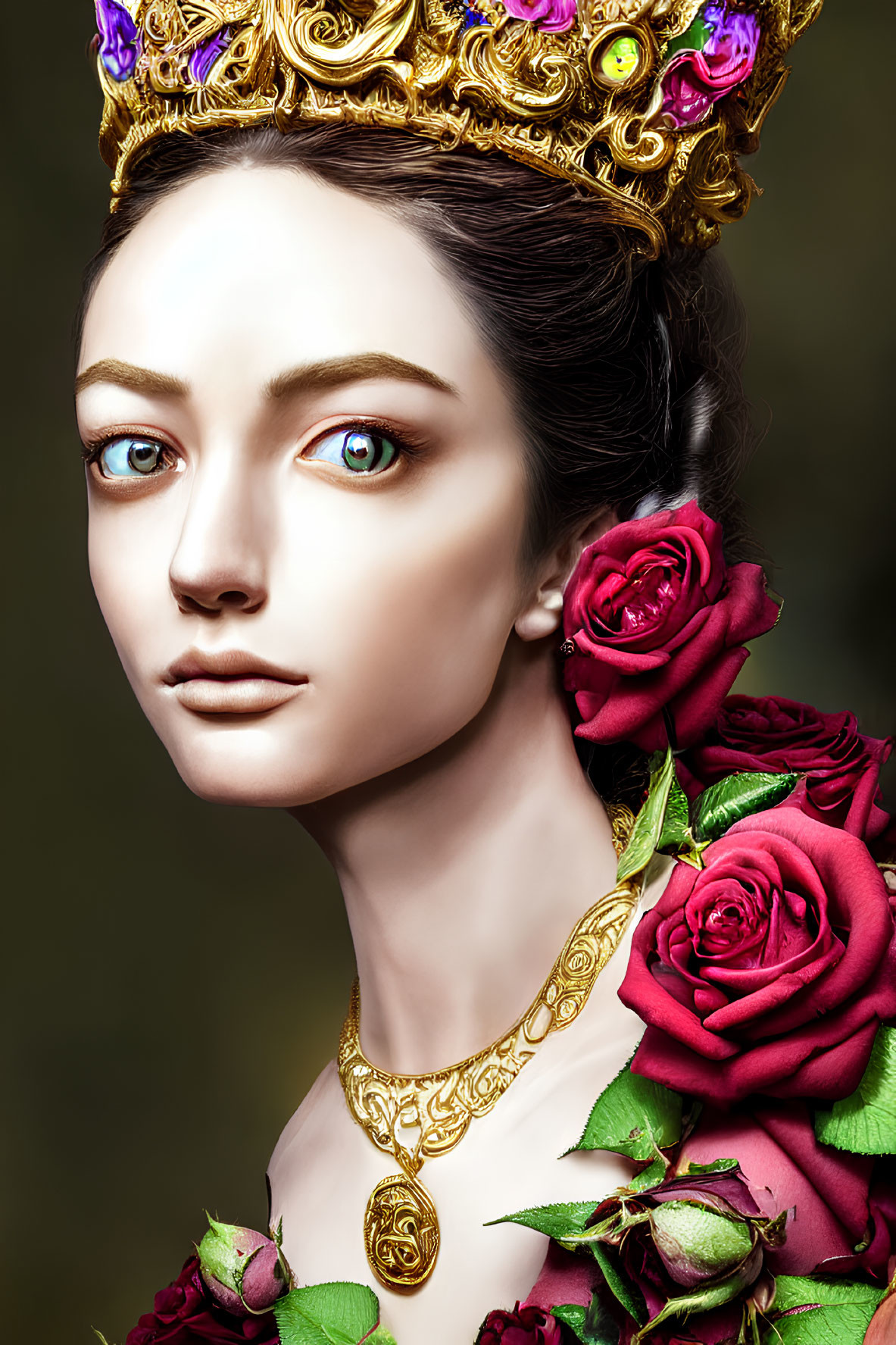 Portrait of woman with golden crown, blue eyes, and red roses.