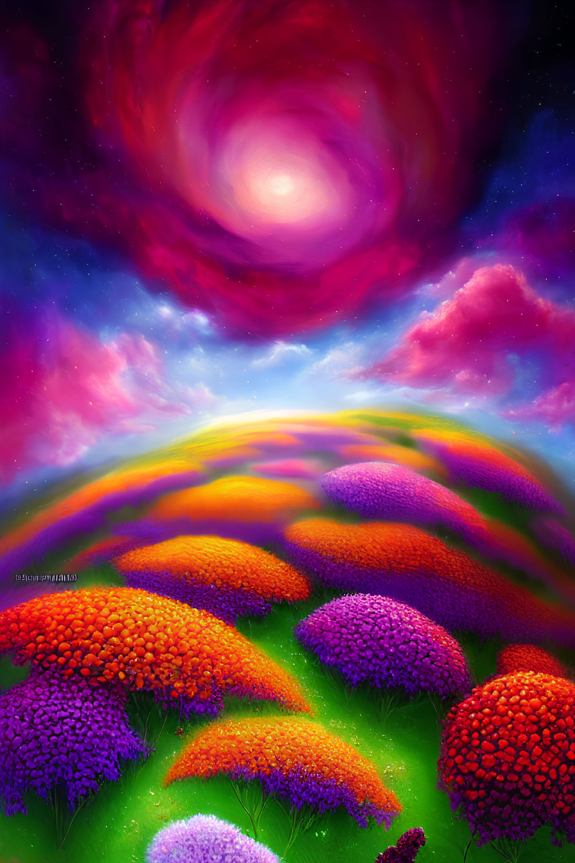 Colorful undulating hills with orange and purple trees under a pink and blue sky