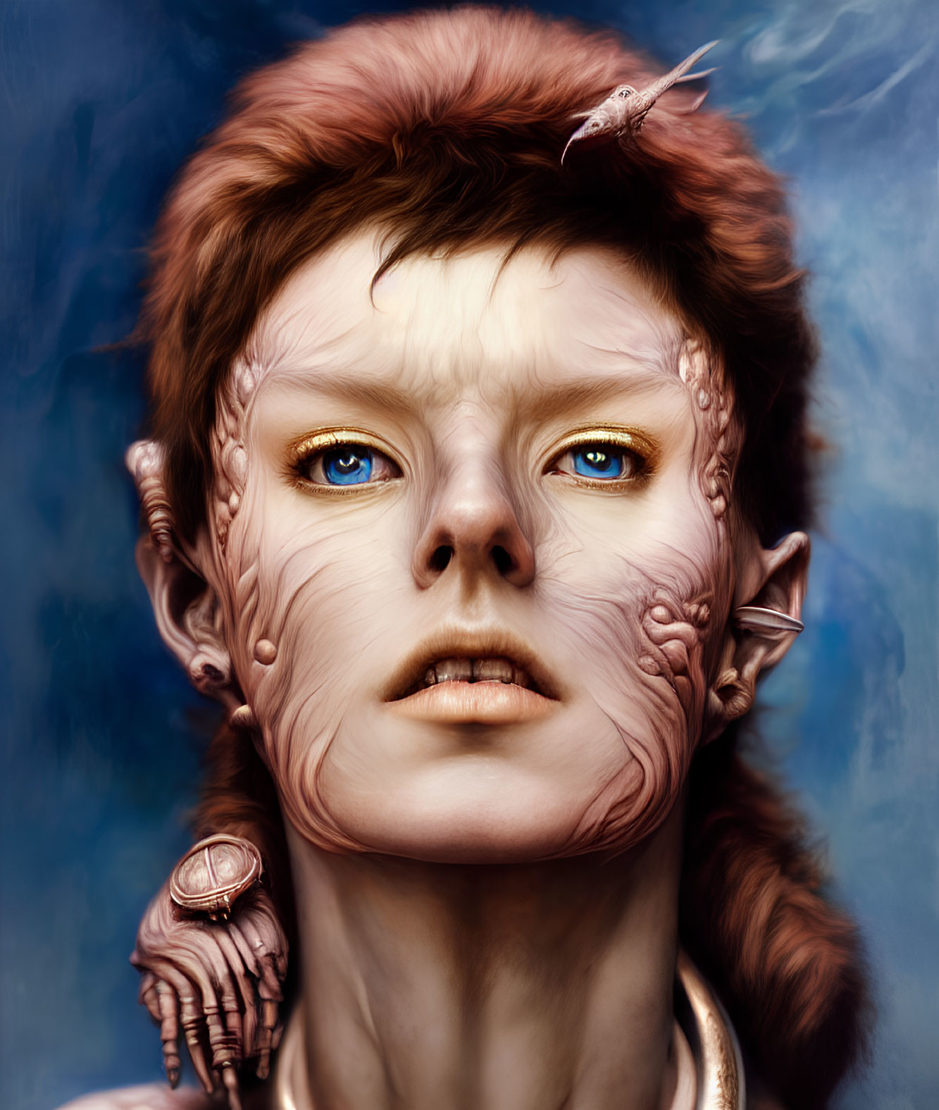 Fantastical portrait of being with blue eyes, pointed ears, textured skin, ornate jewelry,