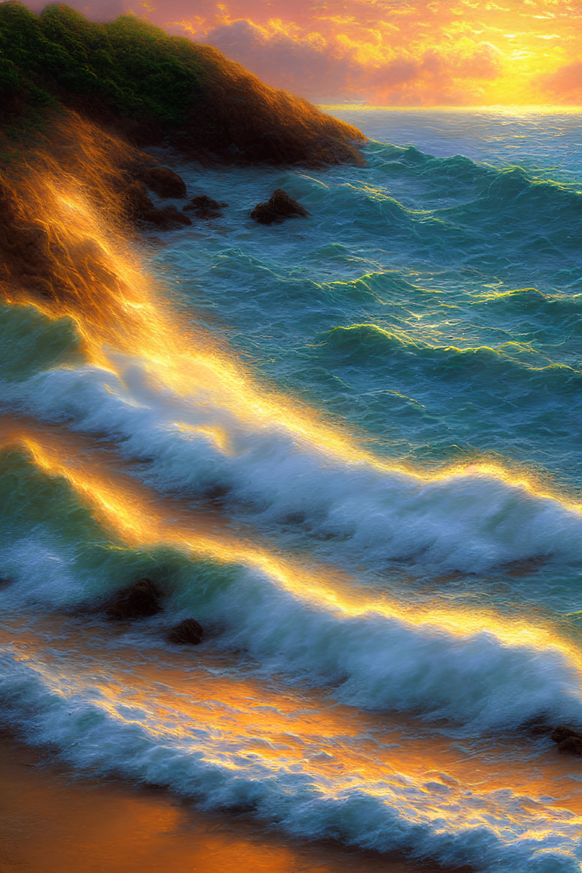 Scenic golden sunset over rugged coastline with crashing waves