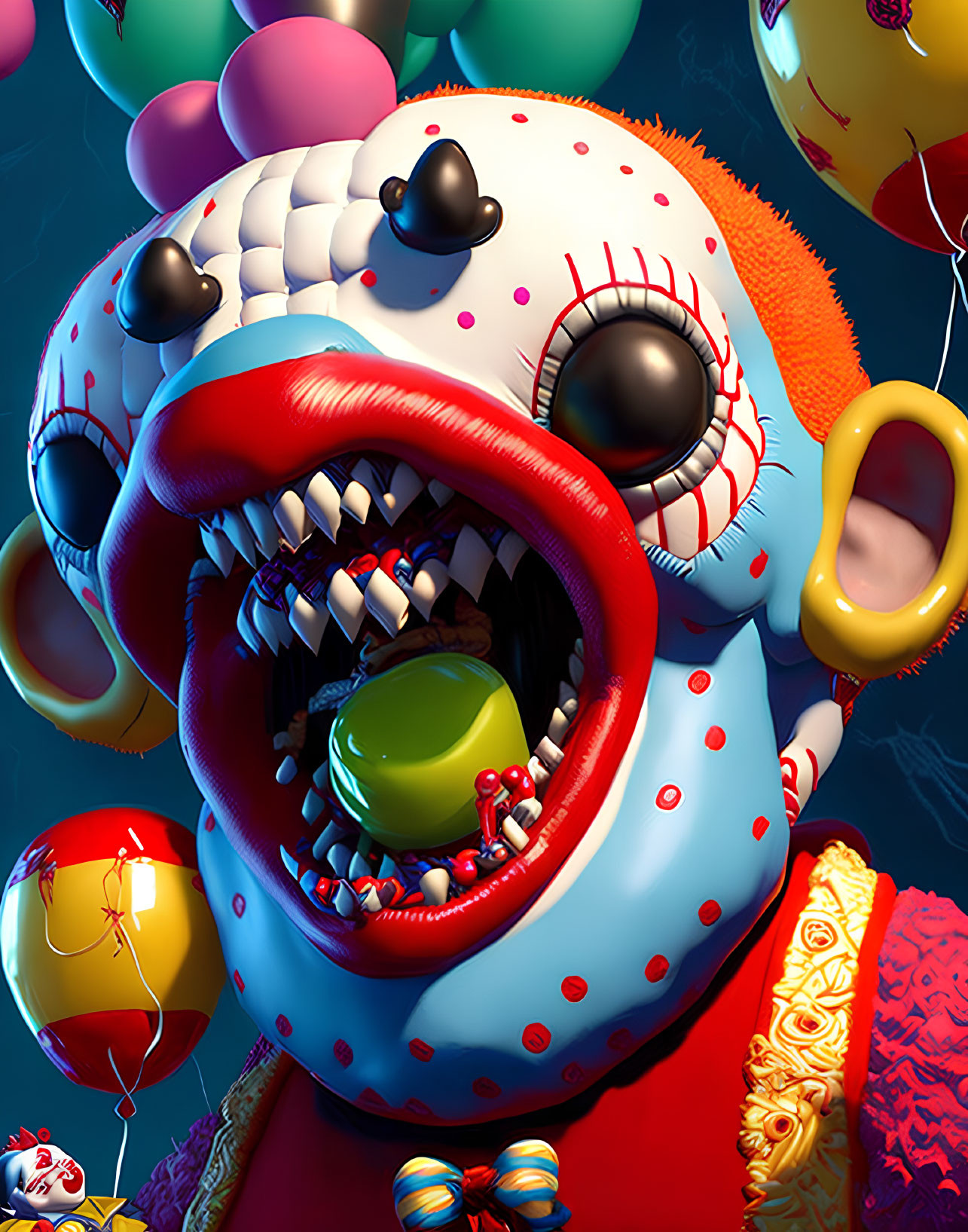Sinister clown with multiple eyes, sharp teeth, holding balloons