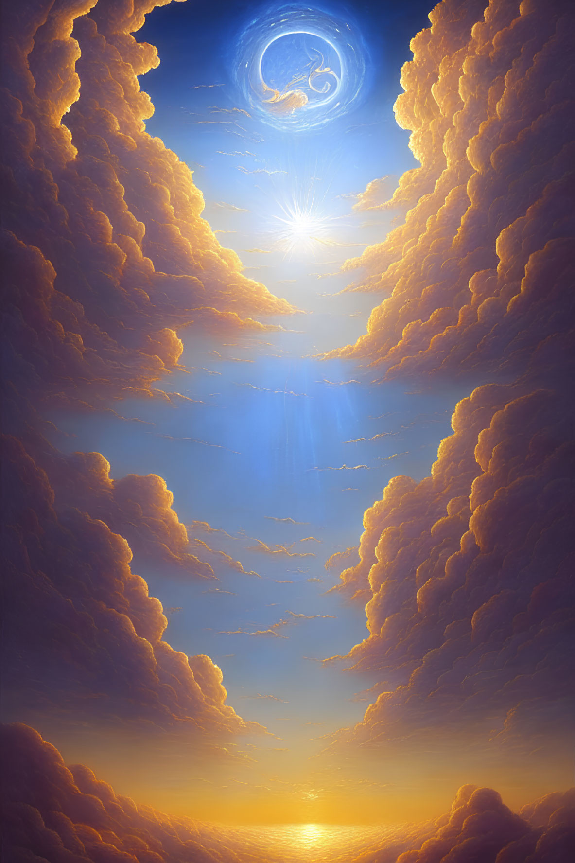 Celestial scene with sunbeams, fluffy clouds, and starry gate