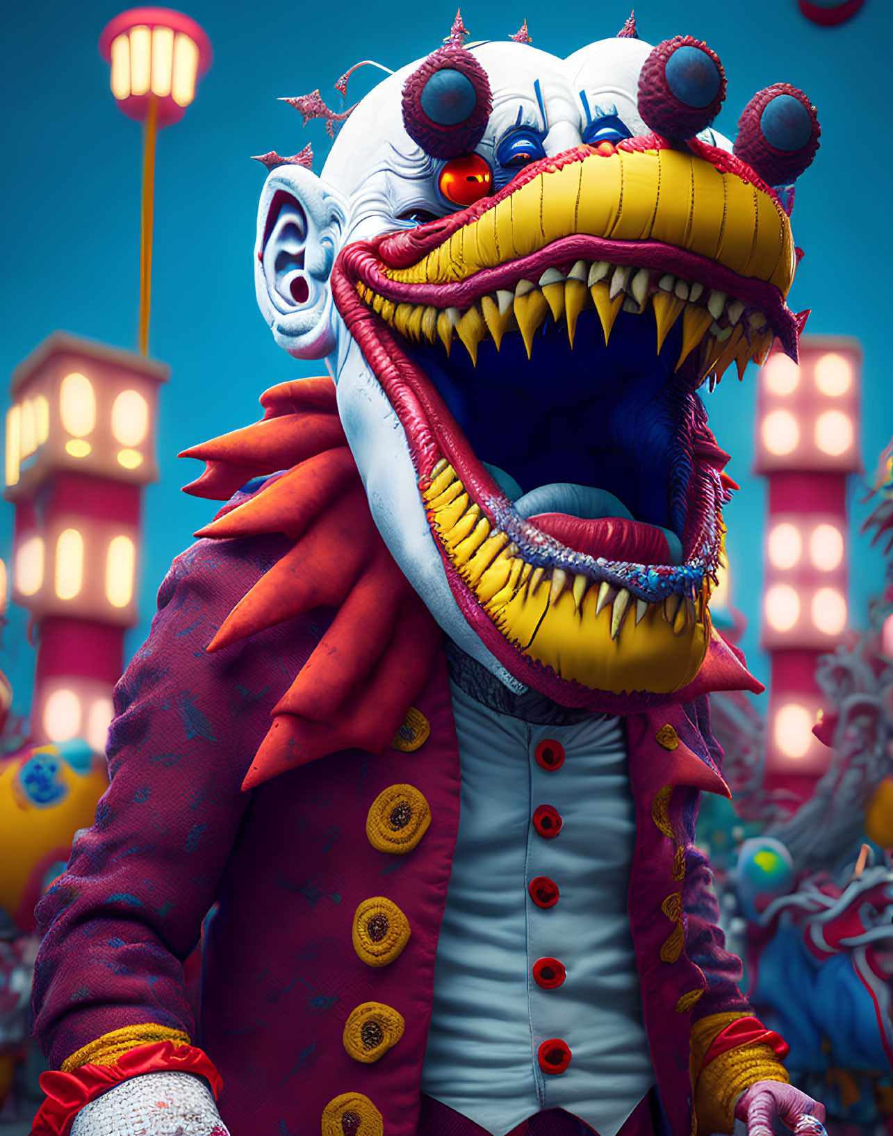 Colorful Crocodile-Headed Creature in Red Jacket on Neon Background