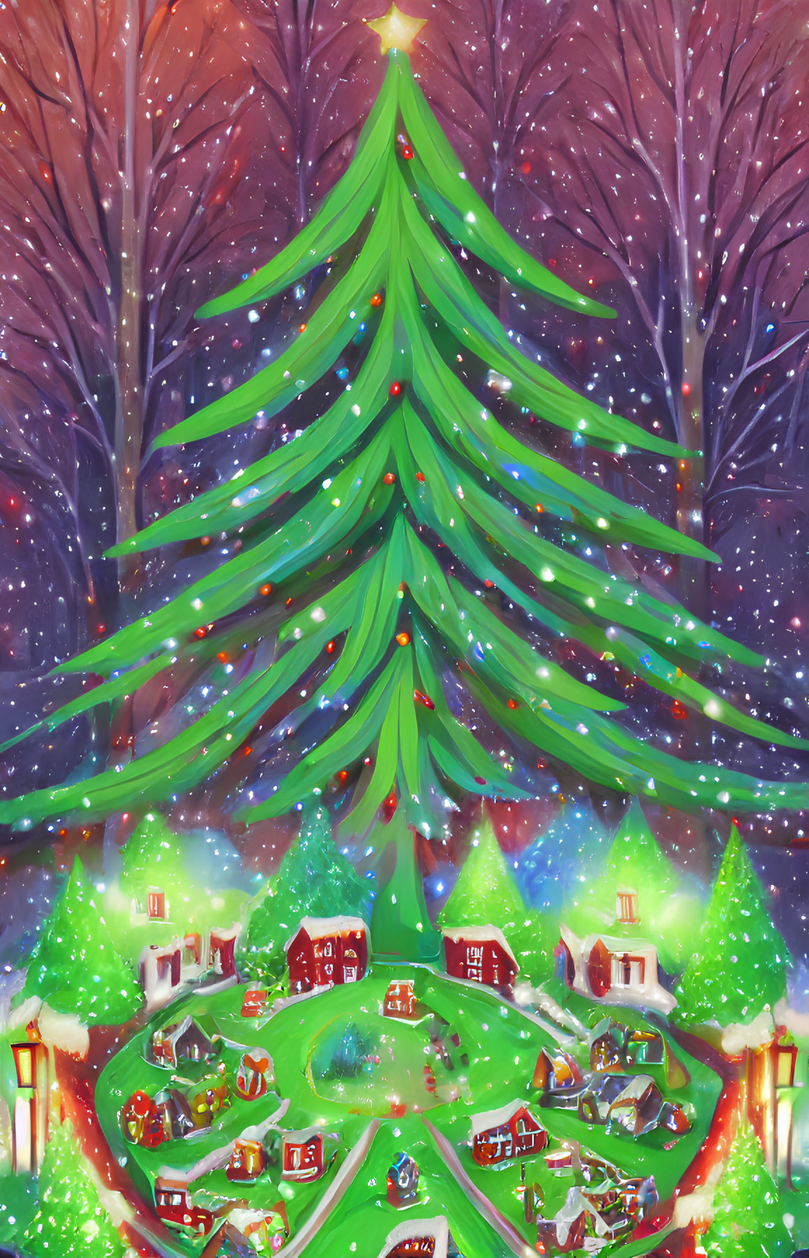 Colorful Christmas village scene with decorated trees and falling snowflakes