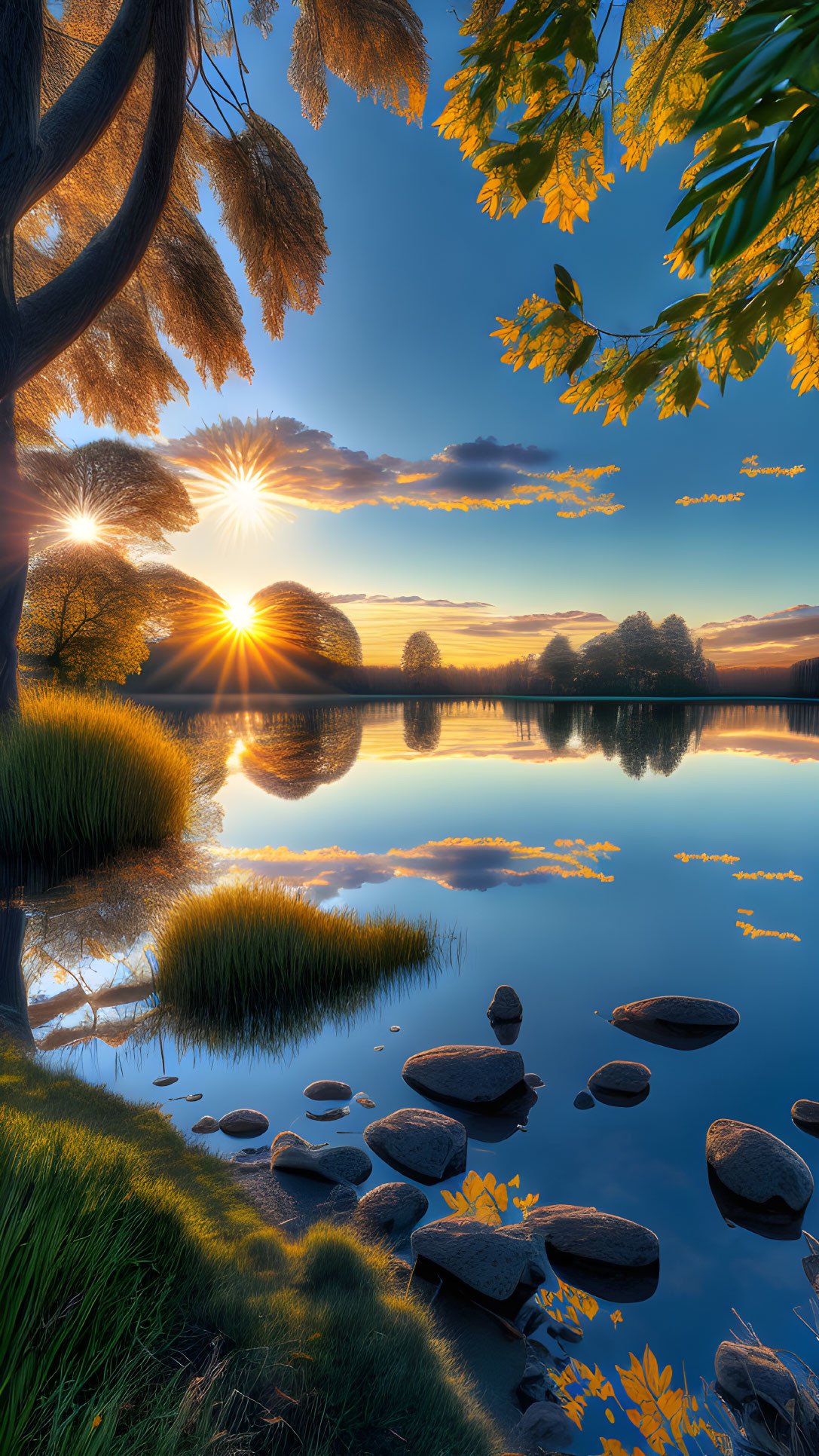 Tranquil sunset over calm lake with stepping stones and autumn leaves.