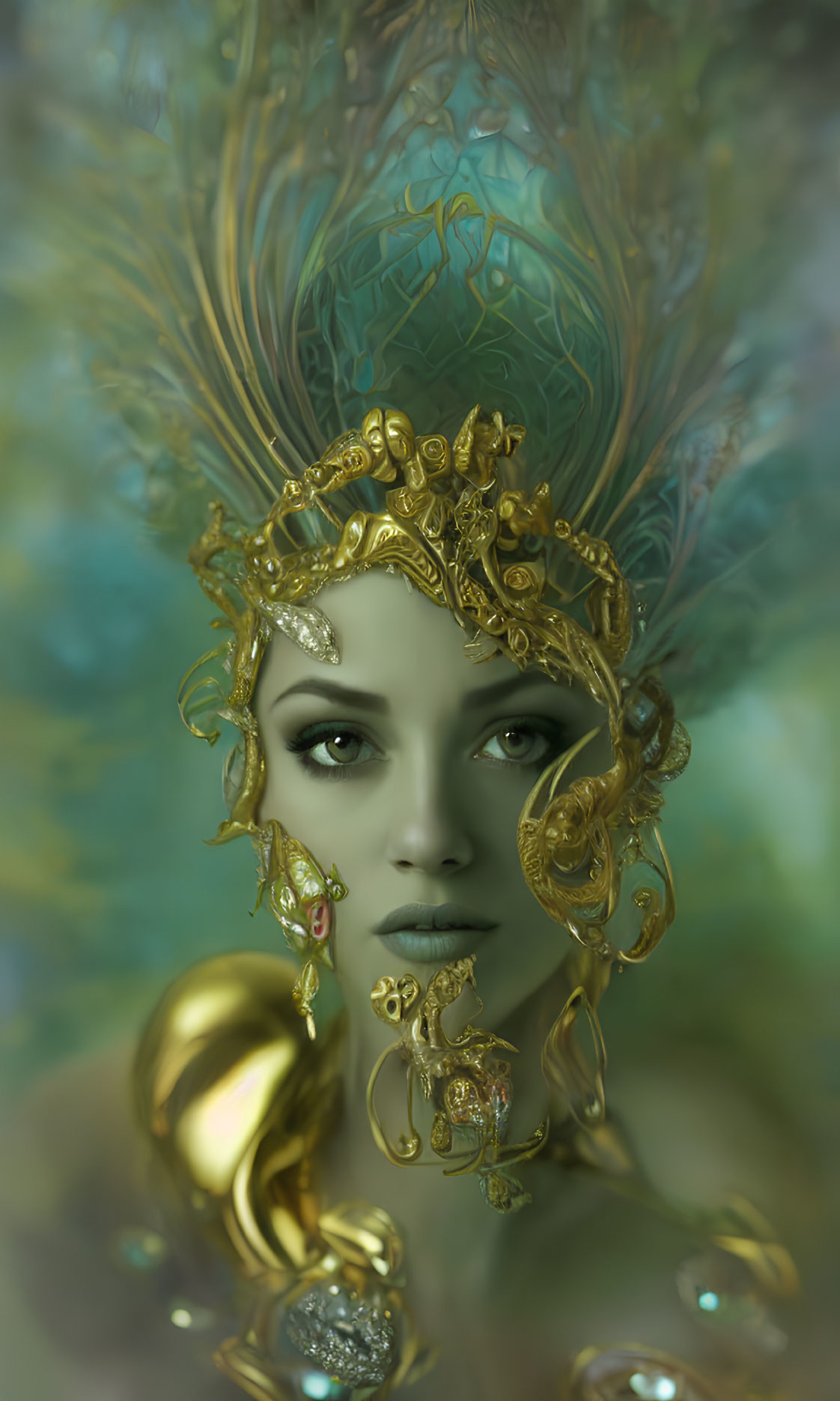 Elaborate golden headdress portrait with peacock feather details