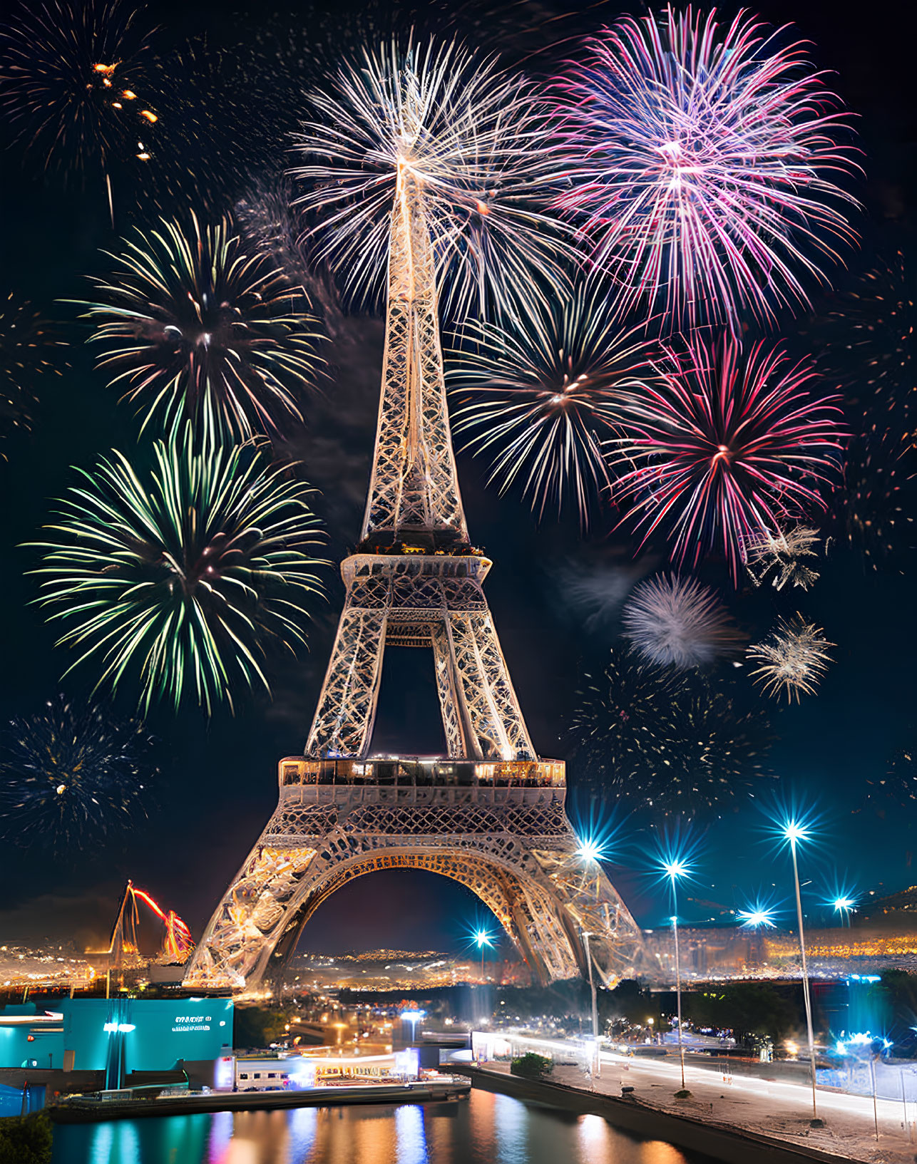 Iconic Eiffel Tower Night Scene with Colorful Fireworks