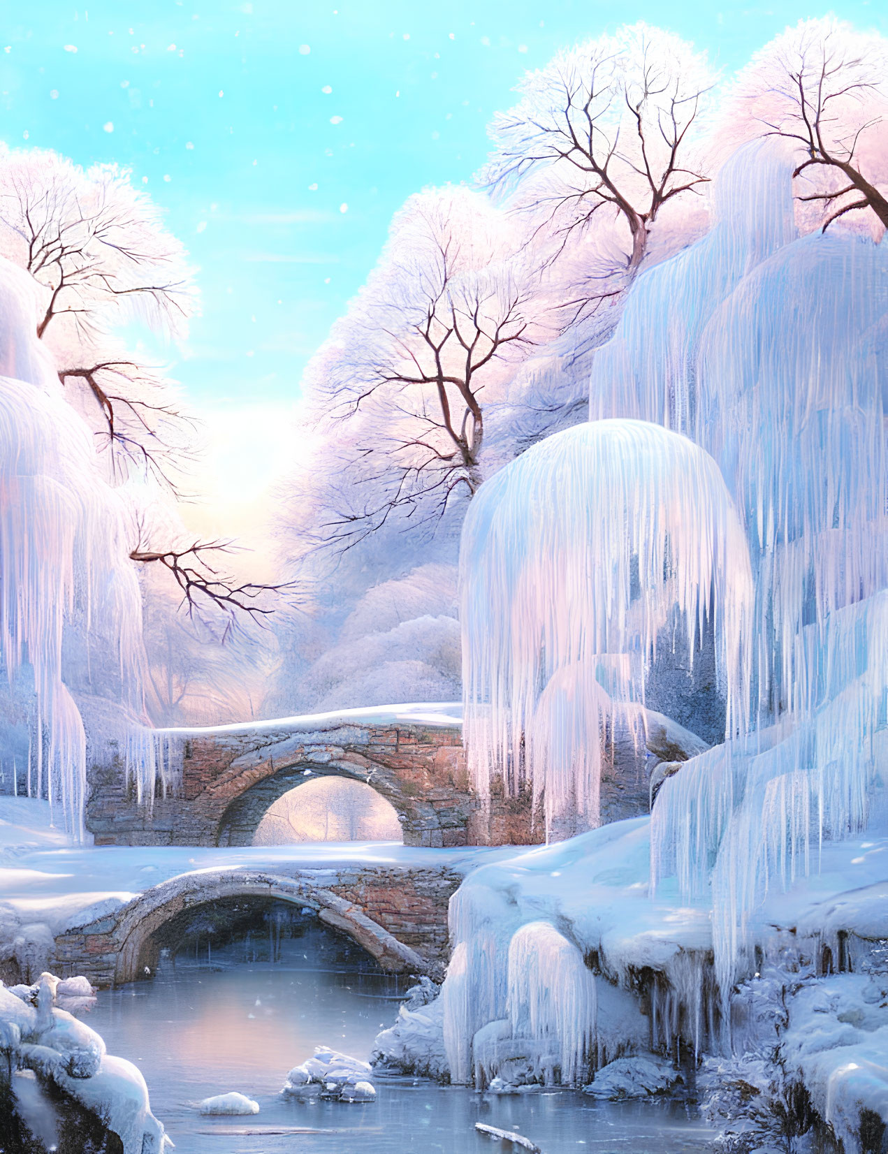 Tranquil Winter Scene: Stone Bridge, Frozen River, Snowy Trees