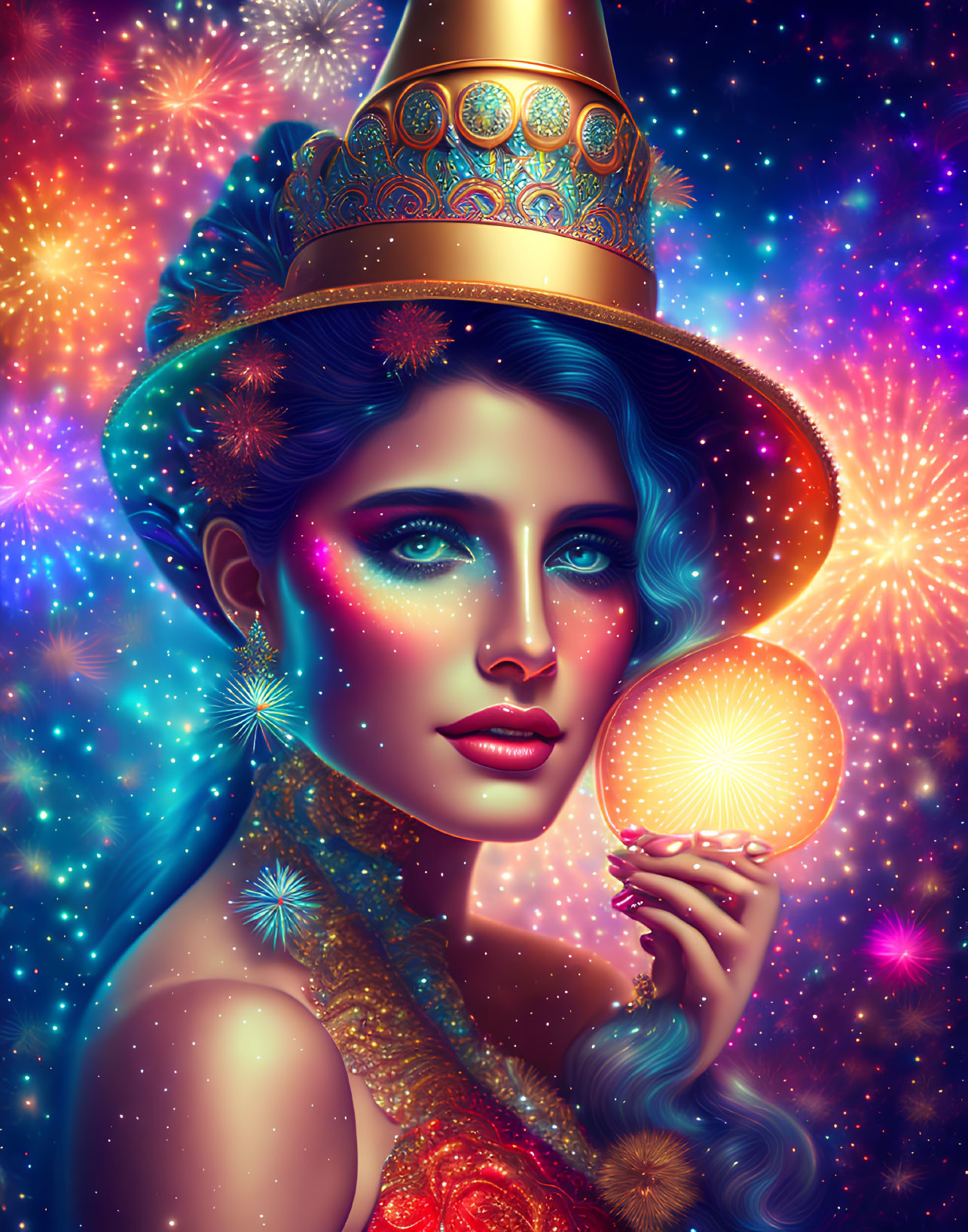 Colorful digital portrait of woman with blue hair and golden hat, holding luminous orb against cosmic backdrop