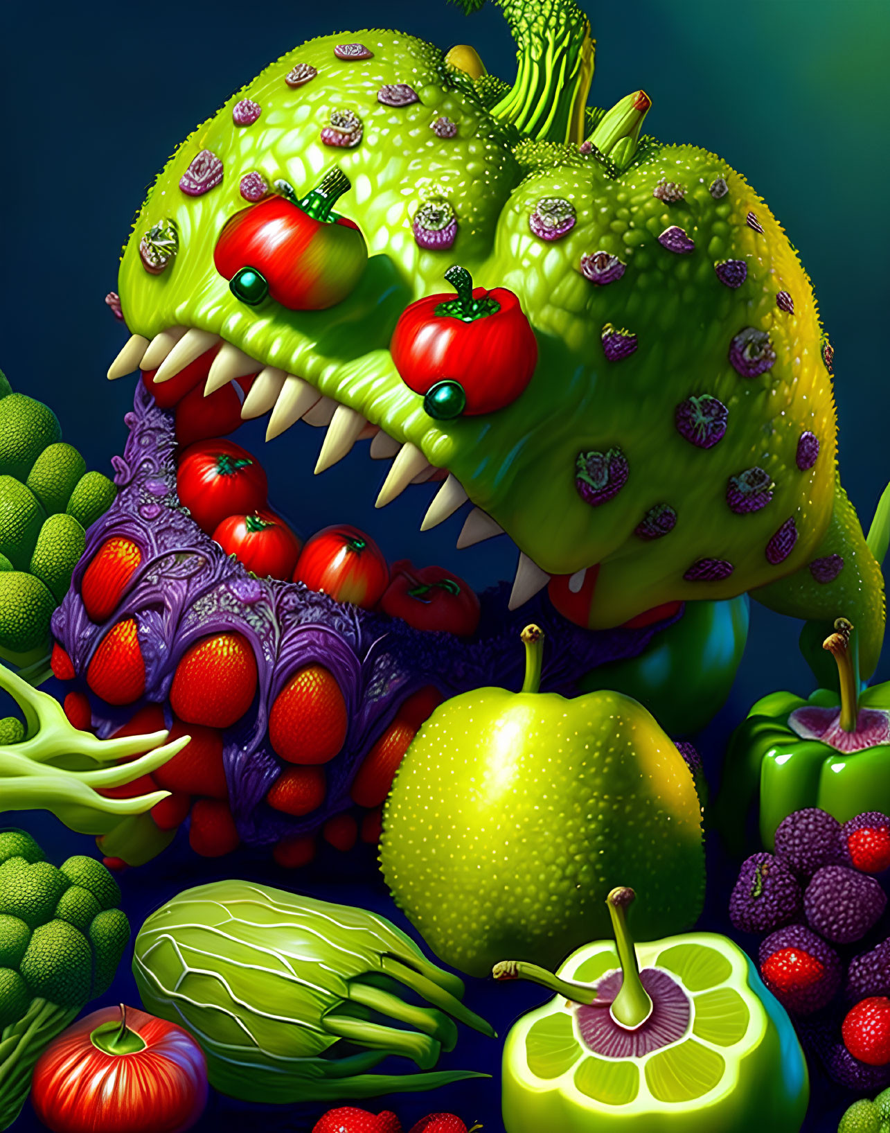 Colorful Monster Sculpture: Fruit and Vegetable Theme