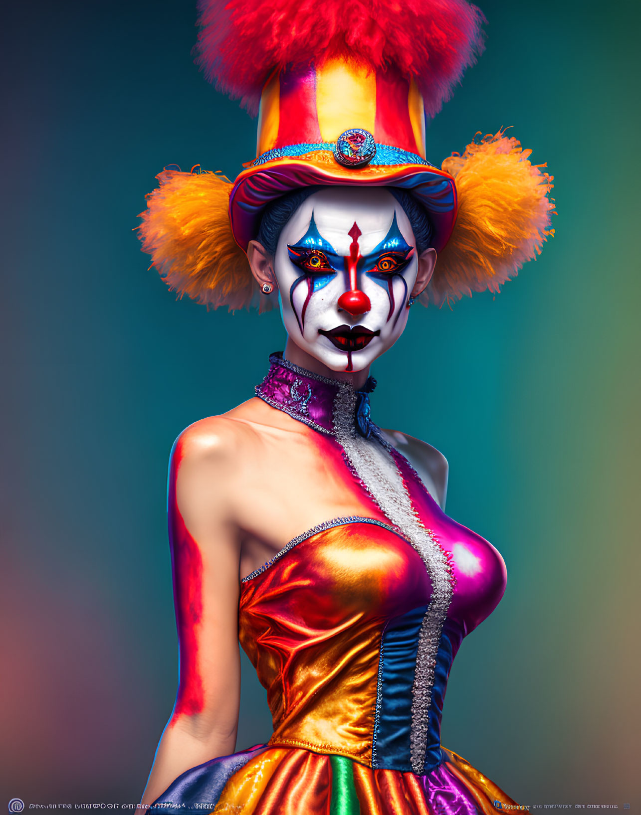 Colorful portrait of a person in circus makeup and costume