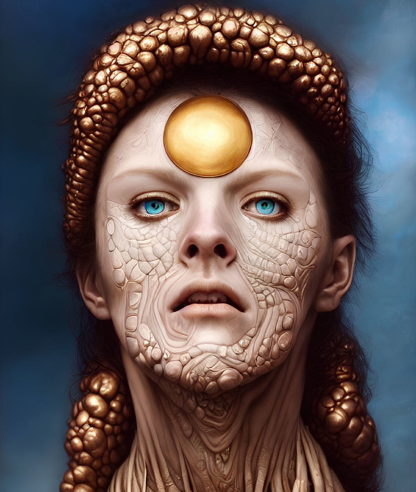 Surreal portrait of person with cracked skin, blue eyes, golden orb, and scaled headdress