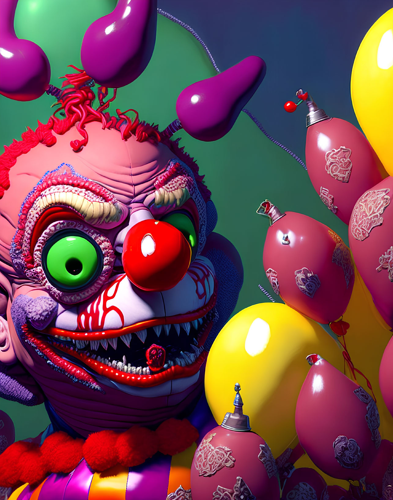 Colorful 3D Clown Image with Skull Pattern Balloons