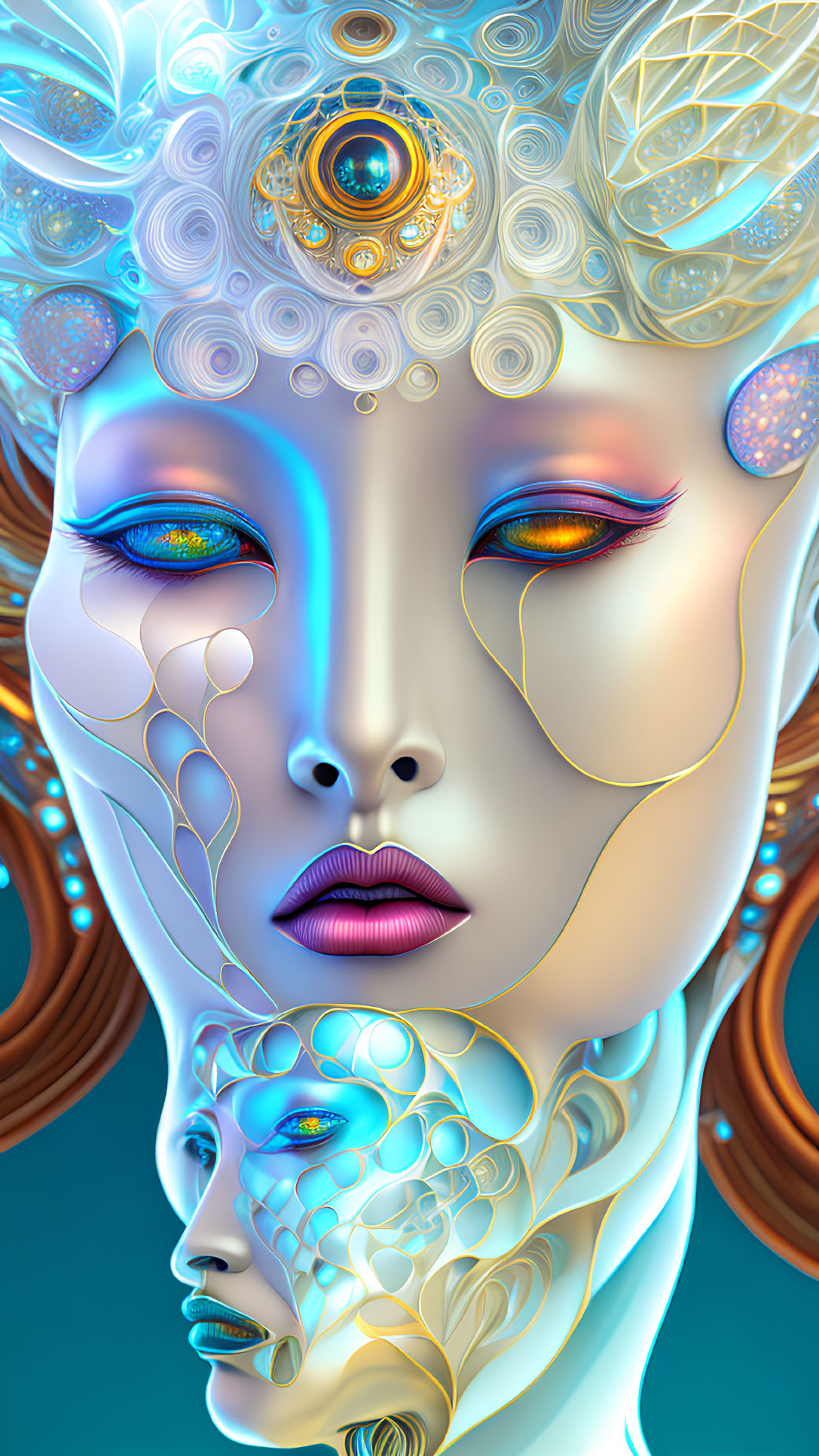 Futuristic digital artwork: Stylized female faces with intricate blue and gold patterns