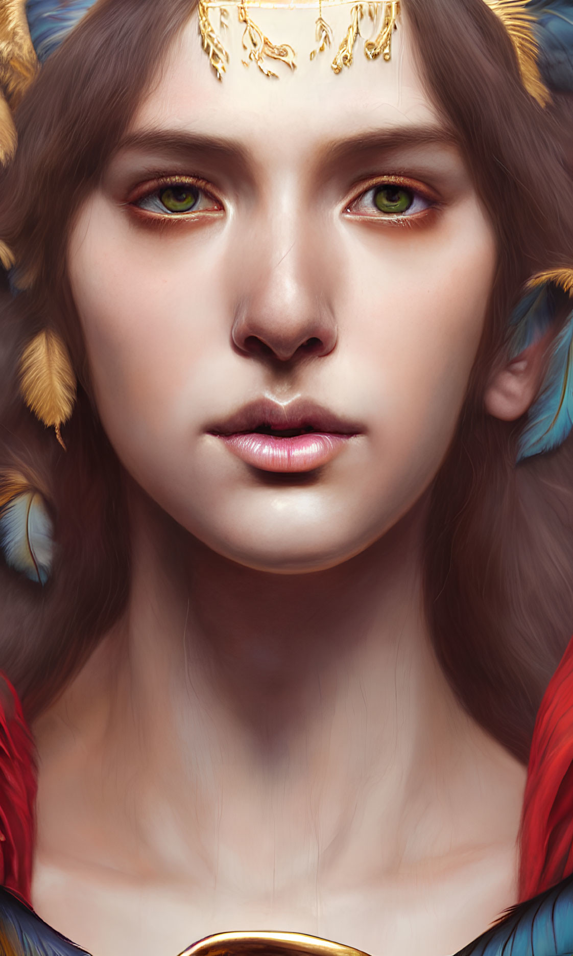 Digital painting of woman with green eyes, feathered adornments, and golden crown accent