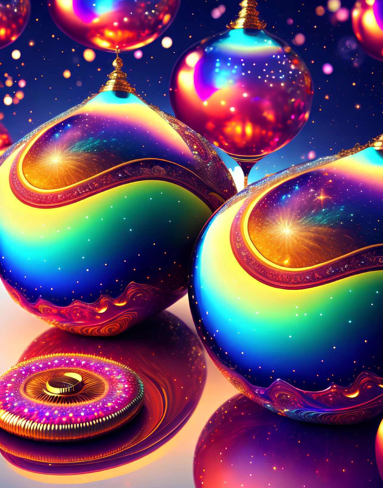 Colorful Cosmic Baubles and Ornaments with Glowing Stars and Intricate Patterns on Starry