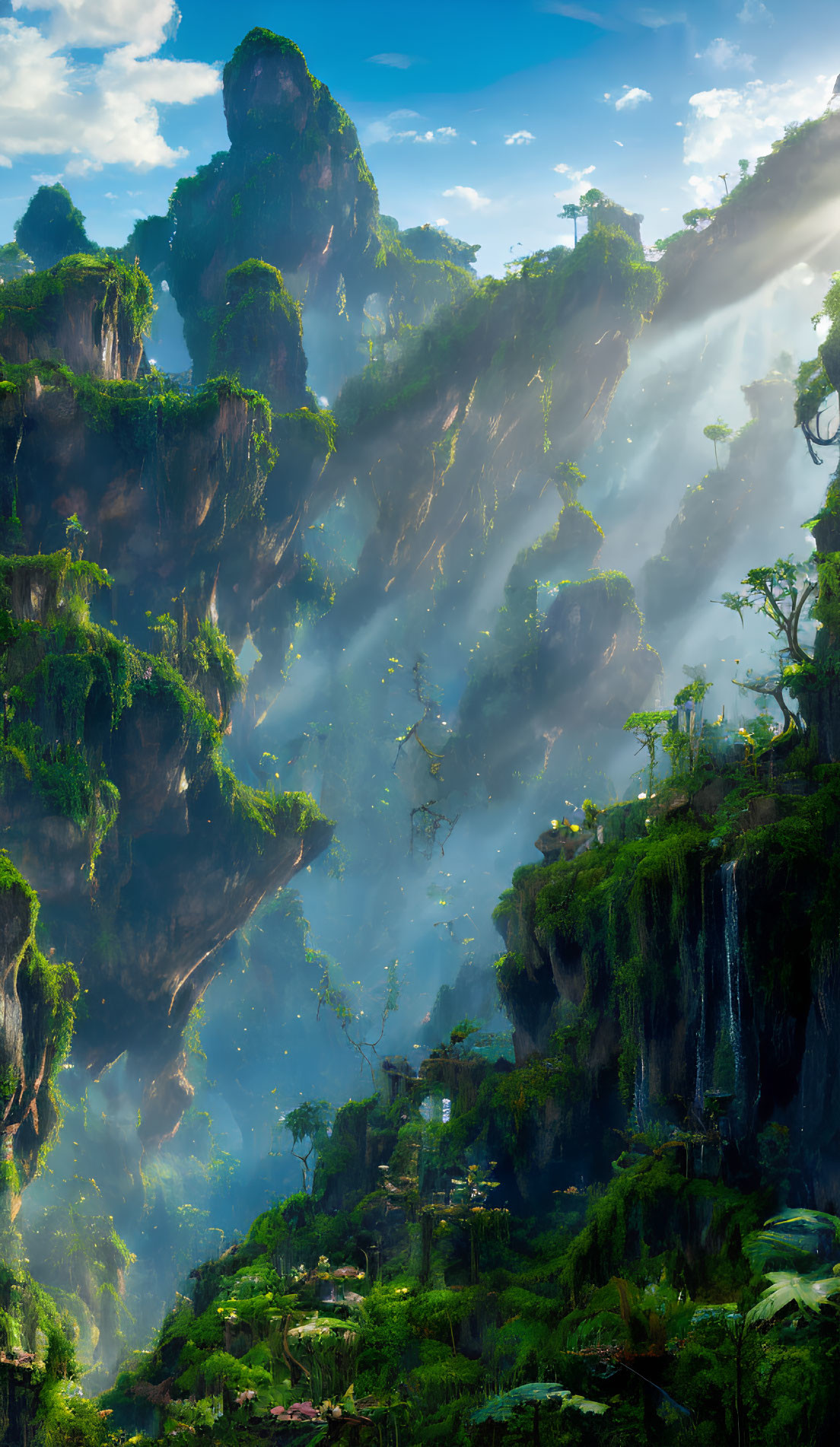 Mystical landscape with towering cliffs and waterfalls