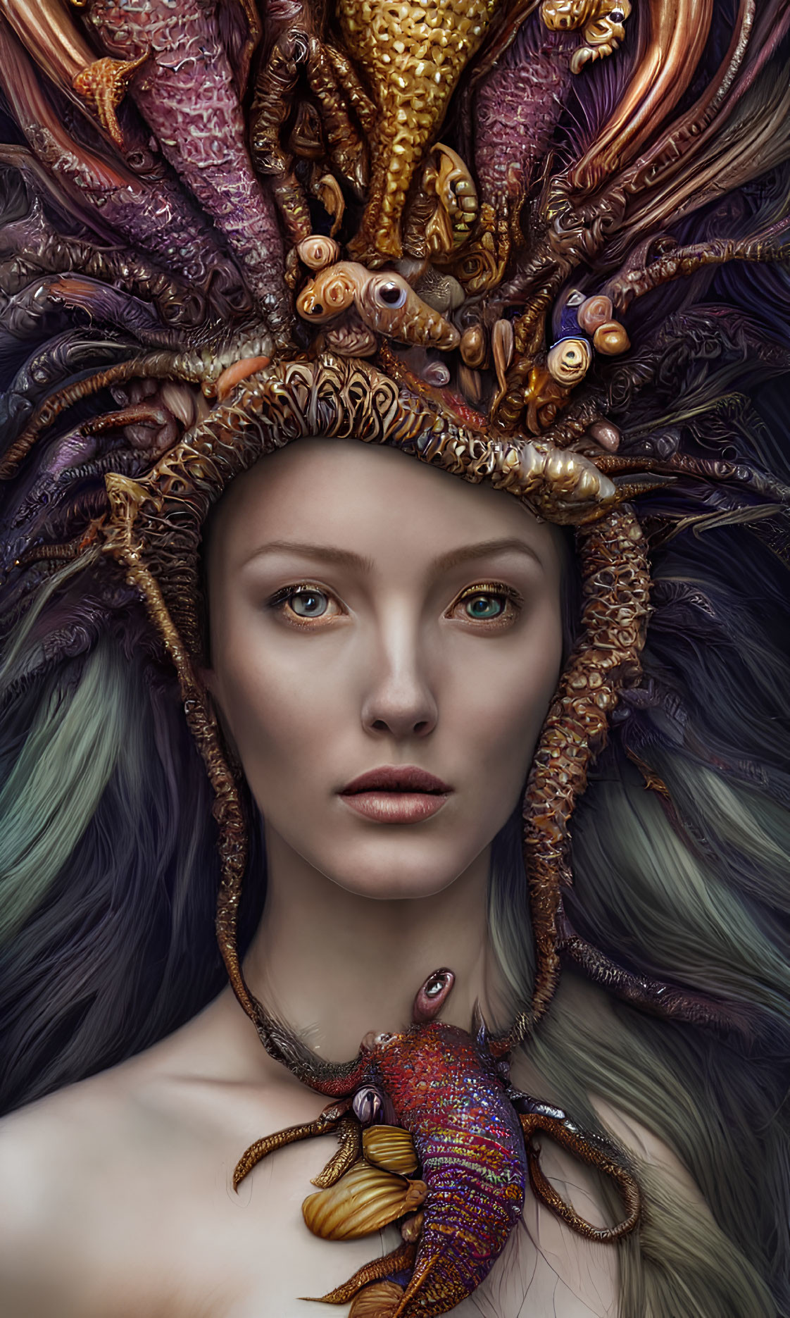 Elaborate headdress with octopus and sea life, blue-eyed woman with small sea creature on
