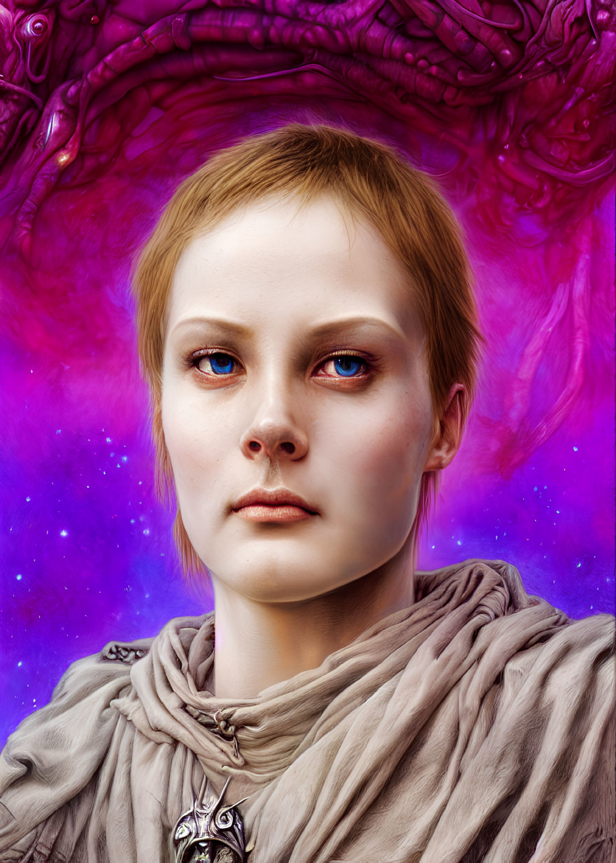 Woman with Blue Eyes and Blonde Hair in Cosmic Purple Setting