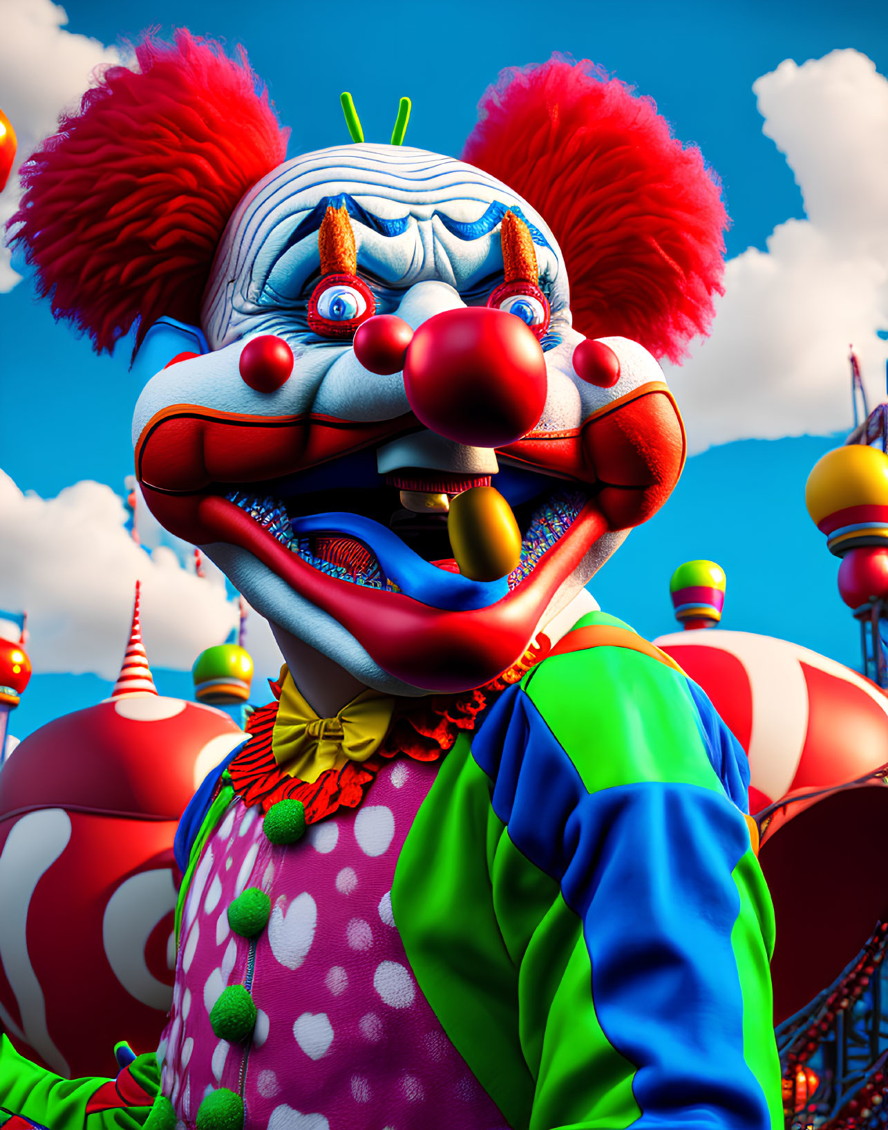 Colorful 3D clown illustration with menacing expression in funfair setting
