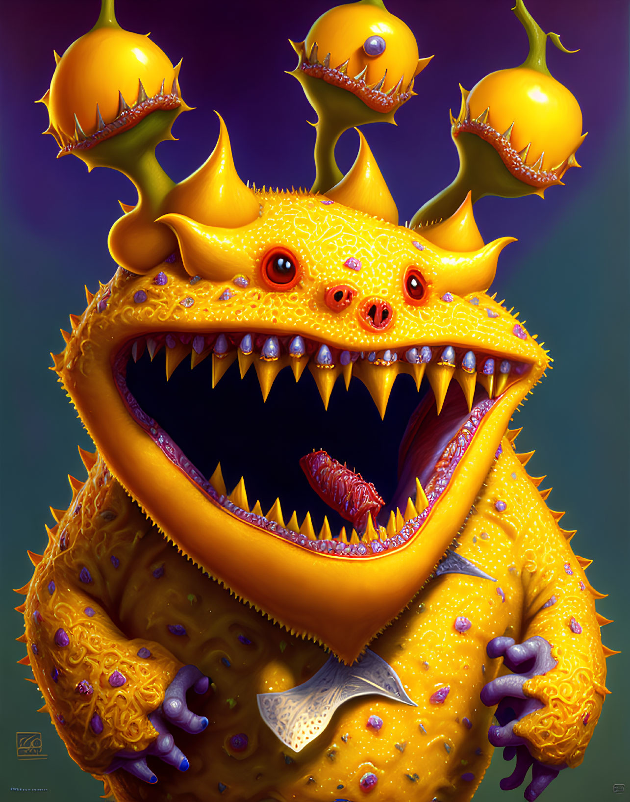 Colorful Monster Illustration with Multiple Eyes and Sharp Teeth