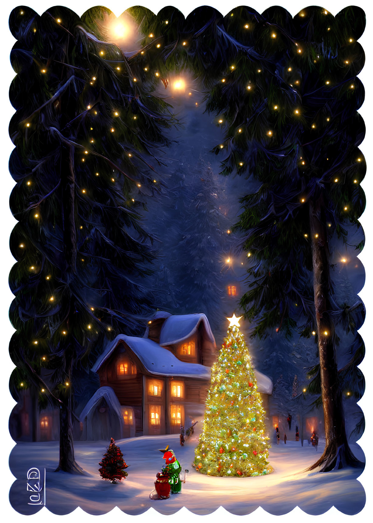 Snowy Christmas night with lit tree & starry sky