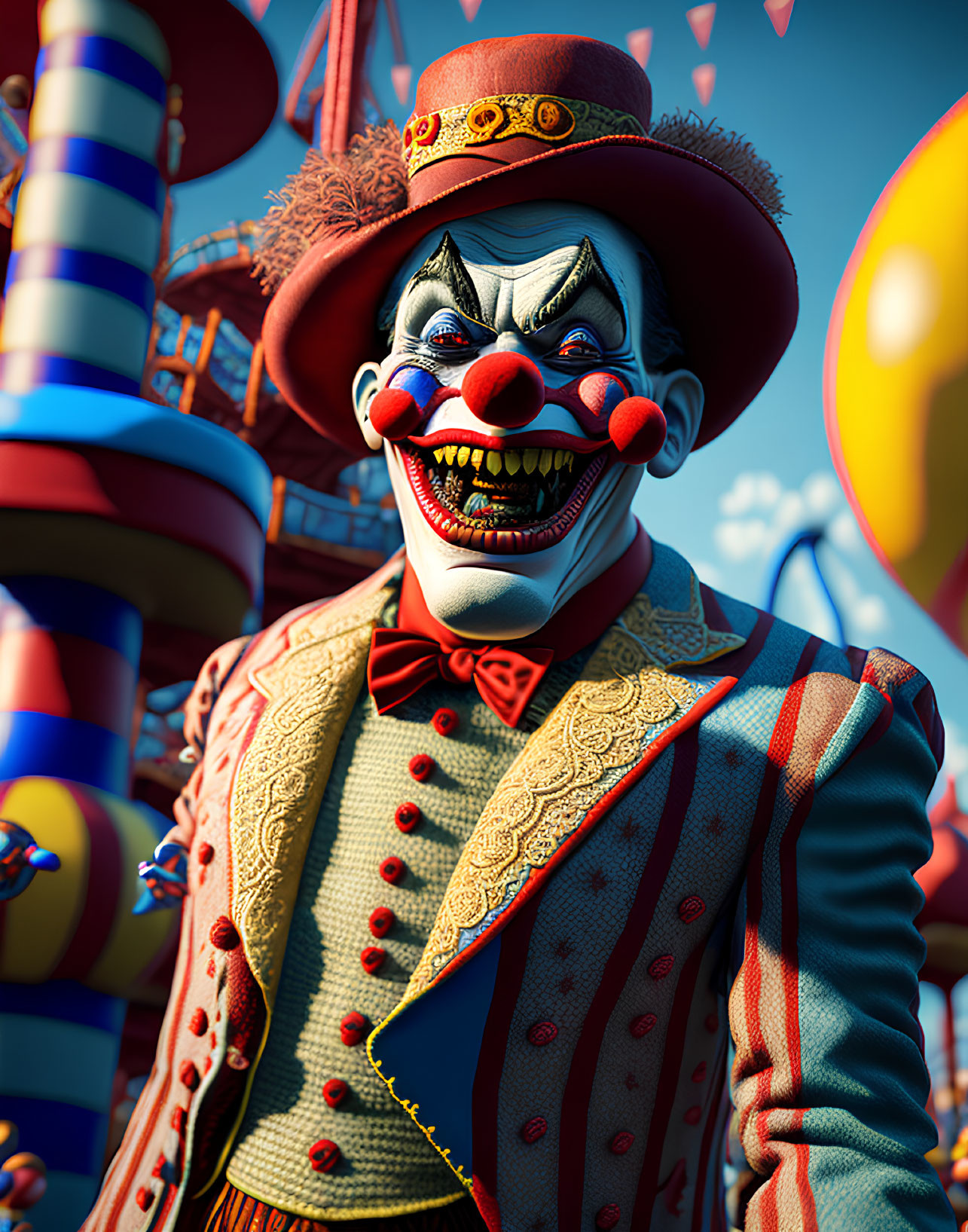 Creepy clown with sharp teeth in festive attire and carnival setting