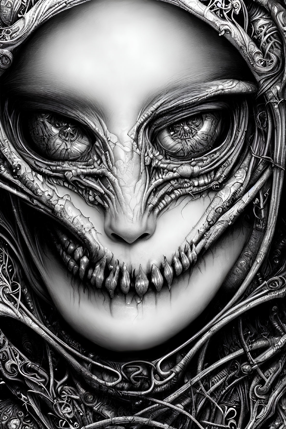 Detailed monochrome humanoid creature with skeletal and mechanical features in ornate frame