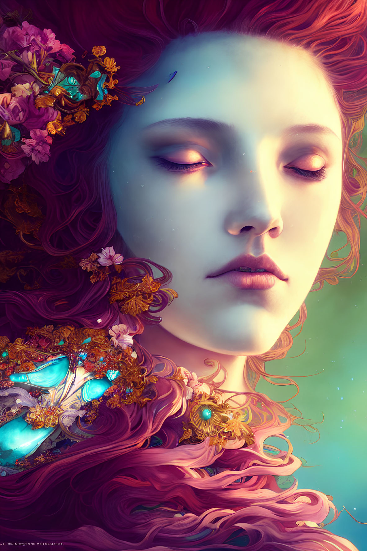 Surreal portrait of woman with pink hair, blue skin, and floral butterfly elements