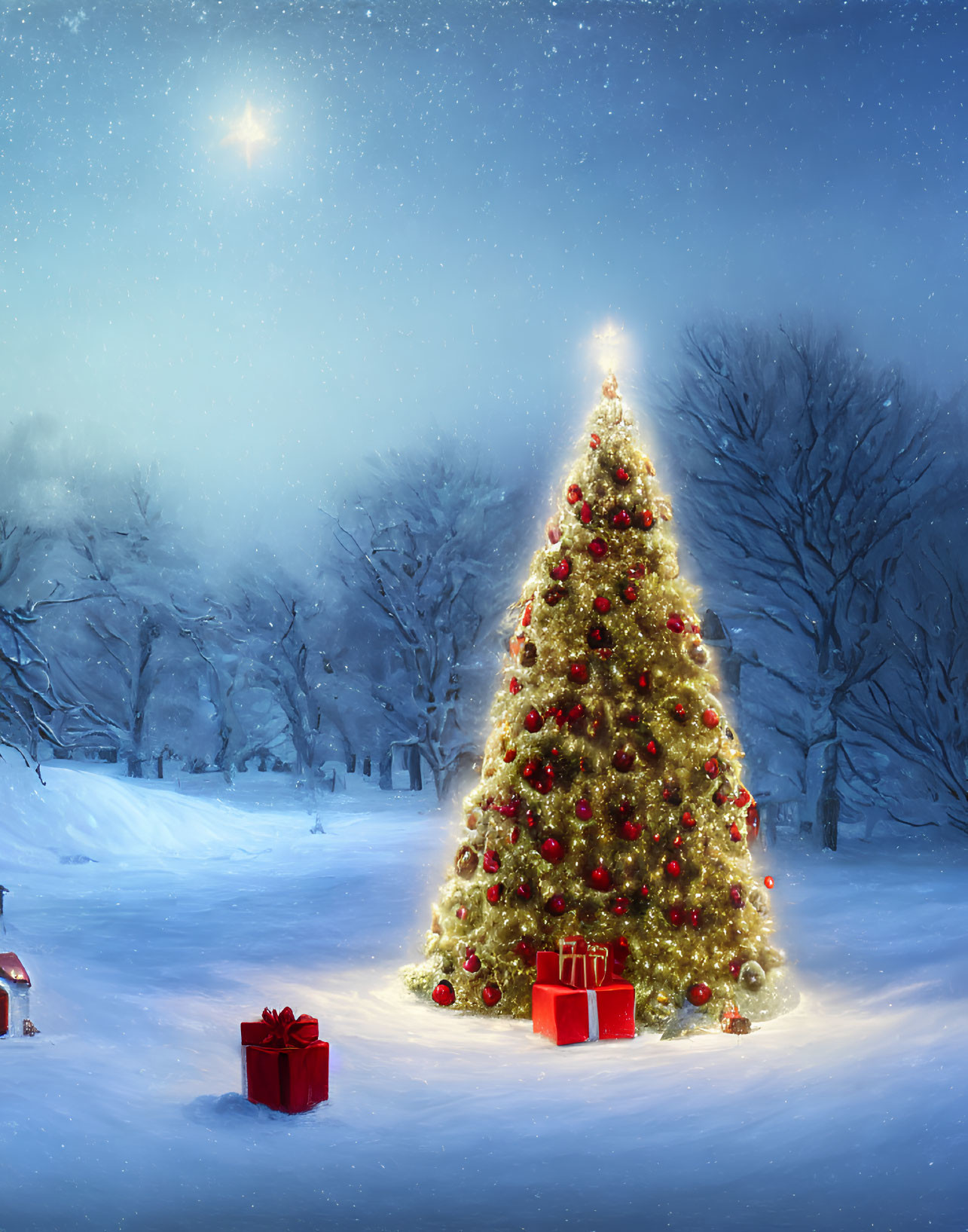 Festive Christmas tree with red ornaments and star in snowy night scene
